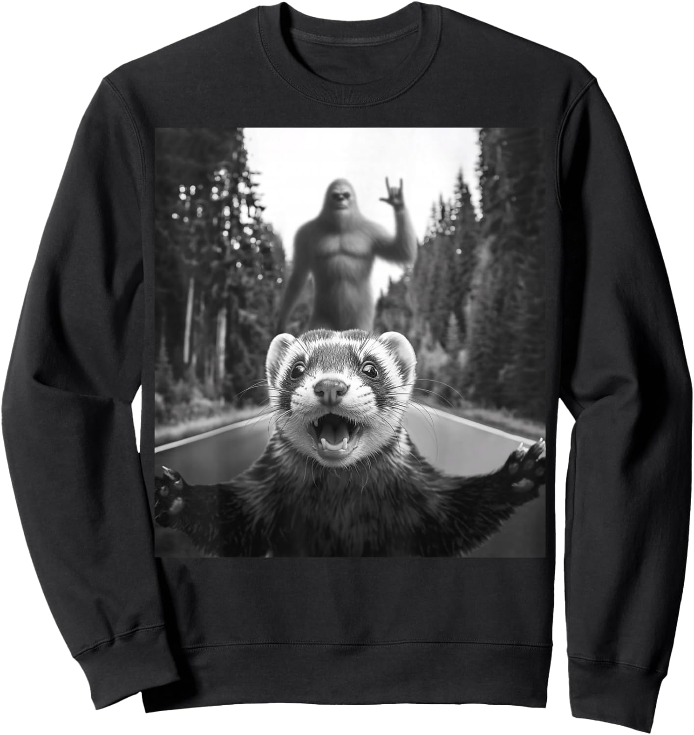 Ferret Selfie With Bigfoot Funny Gifts Women Kids Sweatshirt - Sweatshirt | Black