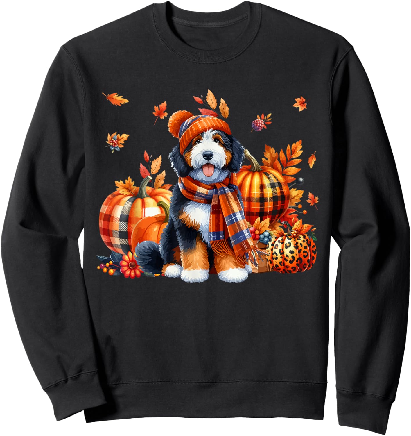 Bernedoodle Thanksgiving Leopard Pumpkins Fall Leaves Lover Sweatshirt - Sweatshirt | Black