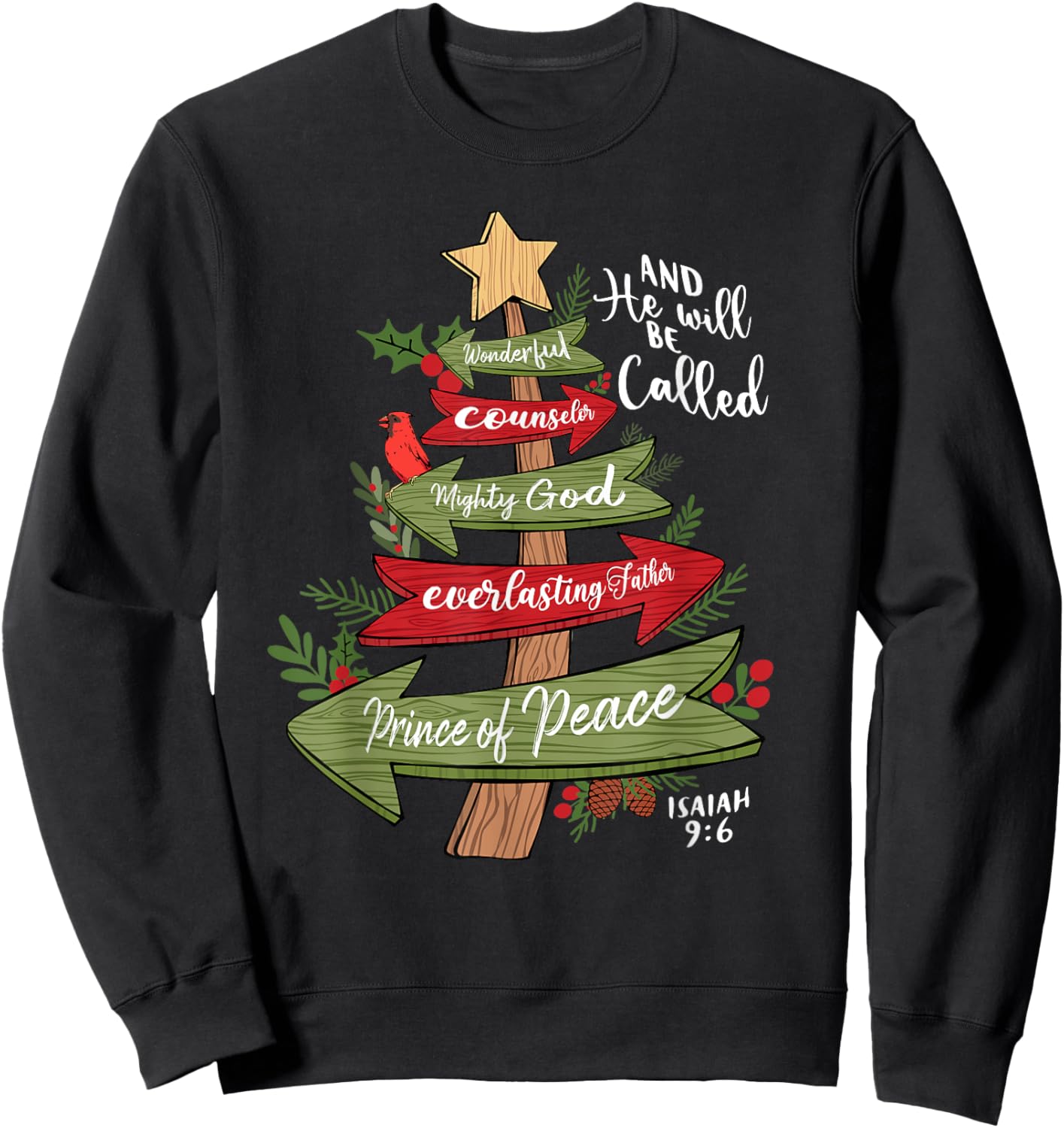 And He Will Be Called Christian Christmas Tree Jesus Bow Sweatshirt - Sweatshirt | Black
