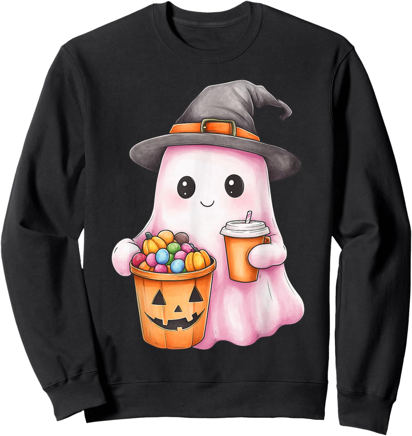 Cute Ghost Boo Coffee Pumpkin Hat Colorful candies Halloween Sweatshirt - Sweatshirt | Black