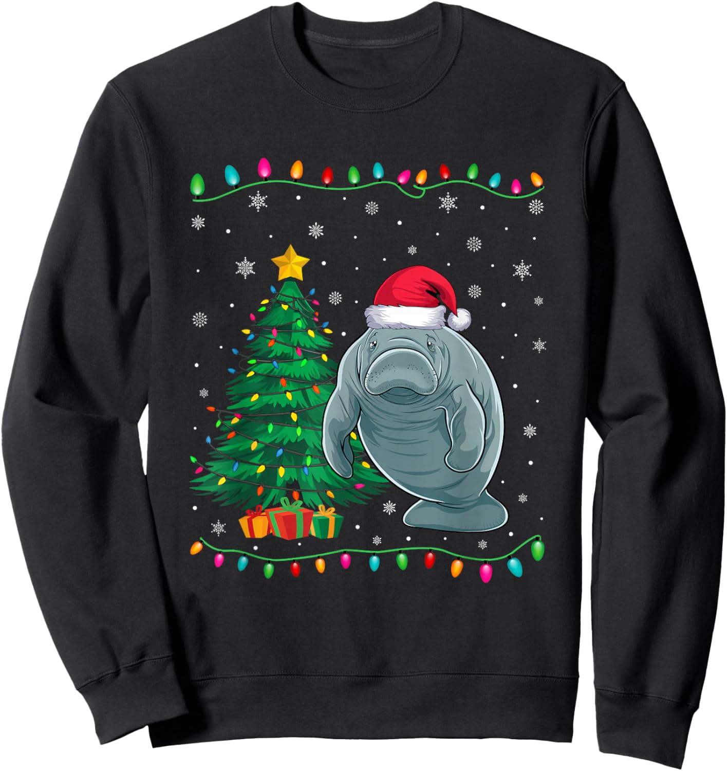 Manatee Santa Hat Men Women Kids Christmas Tree Lights Sweatshirt - Sweatshirt | Black