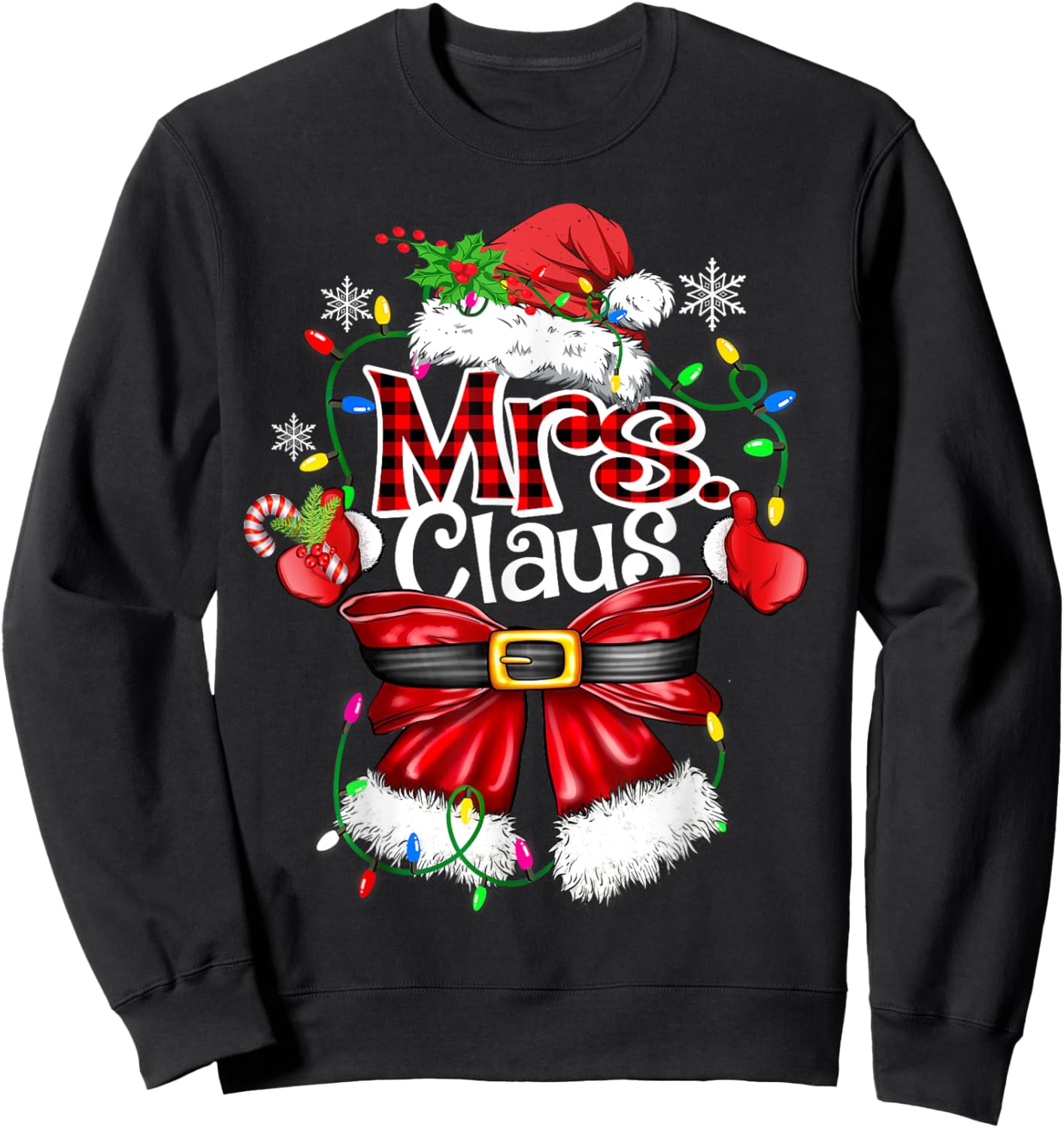 Mr and Mrs Claus Couples Santa Christmas Lights Pajamas Sweatshirt - Sweatshirt | Black