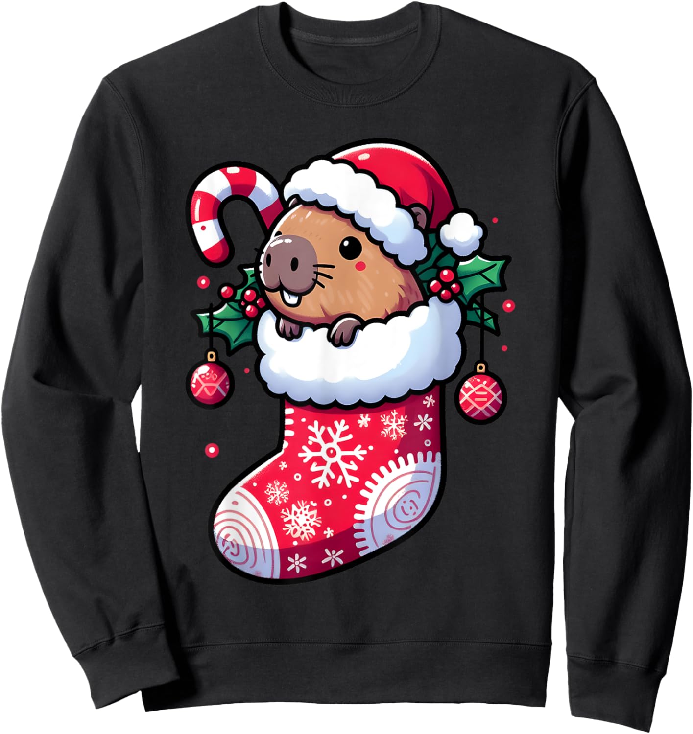 Cute Capybara Wearing Santa Hat in Christmas Stocking Pajama Sweatshirt - Sweatshirt | Black