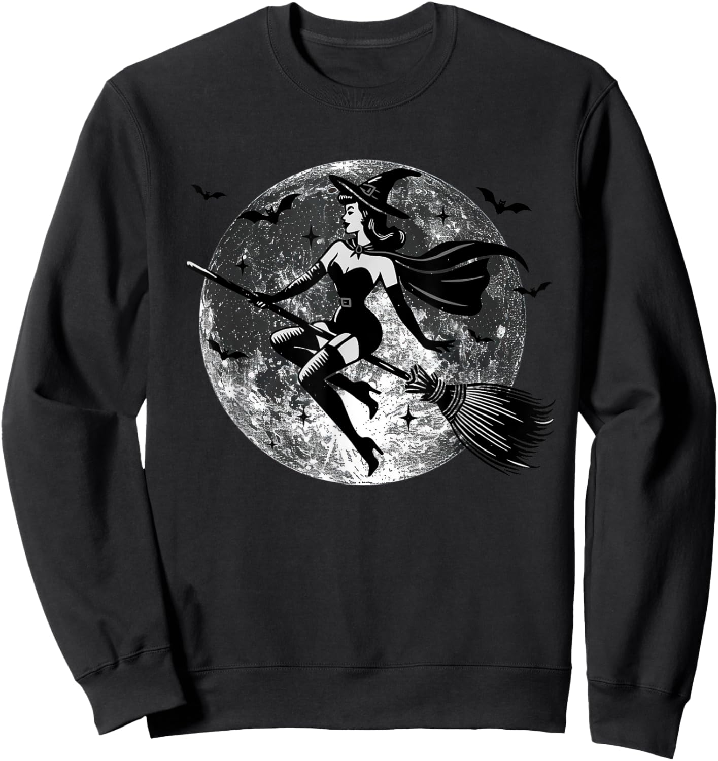 Retro Vintage Sexy Witch on the Broom Moon Halloween Sweatshirt - Sweatshirt | Black