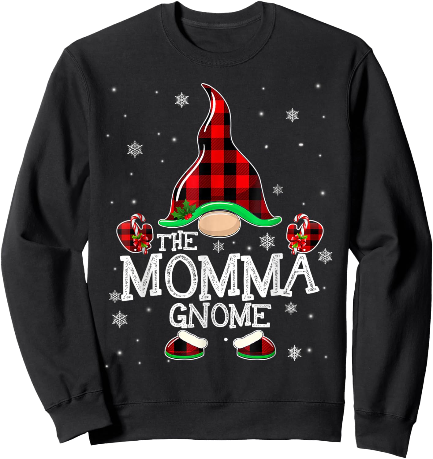 Momma Gnome Buffalo Plaid Matching Family Christmas Pajama Sweatshirt - Sweatshirt | Black