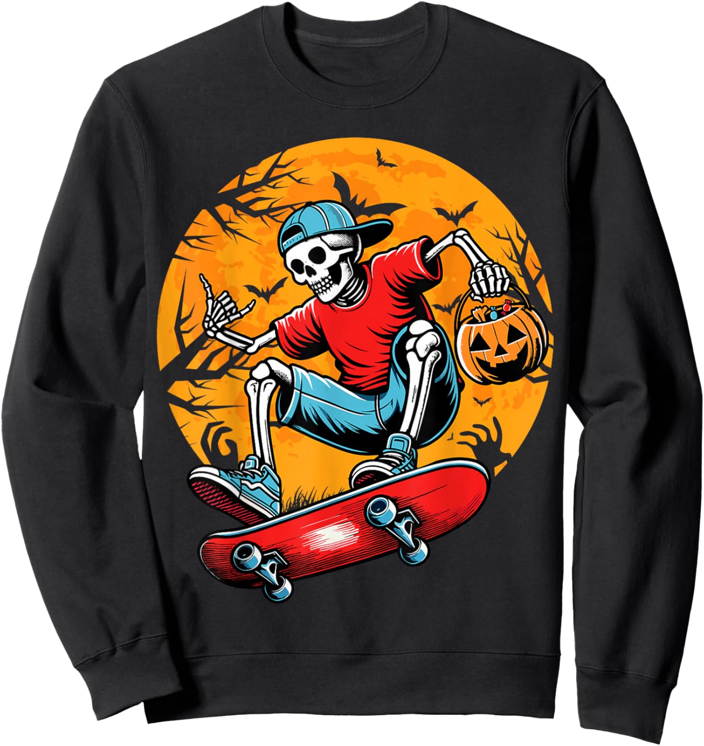 Skateboarding Skeleton Pumpkin Funny Skateboard Halloween Sweatshirt - Sweatshirt | Black
