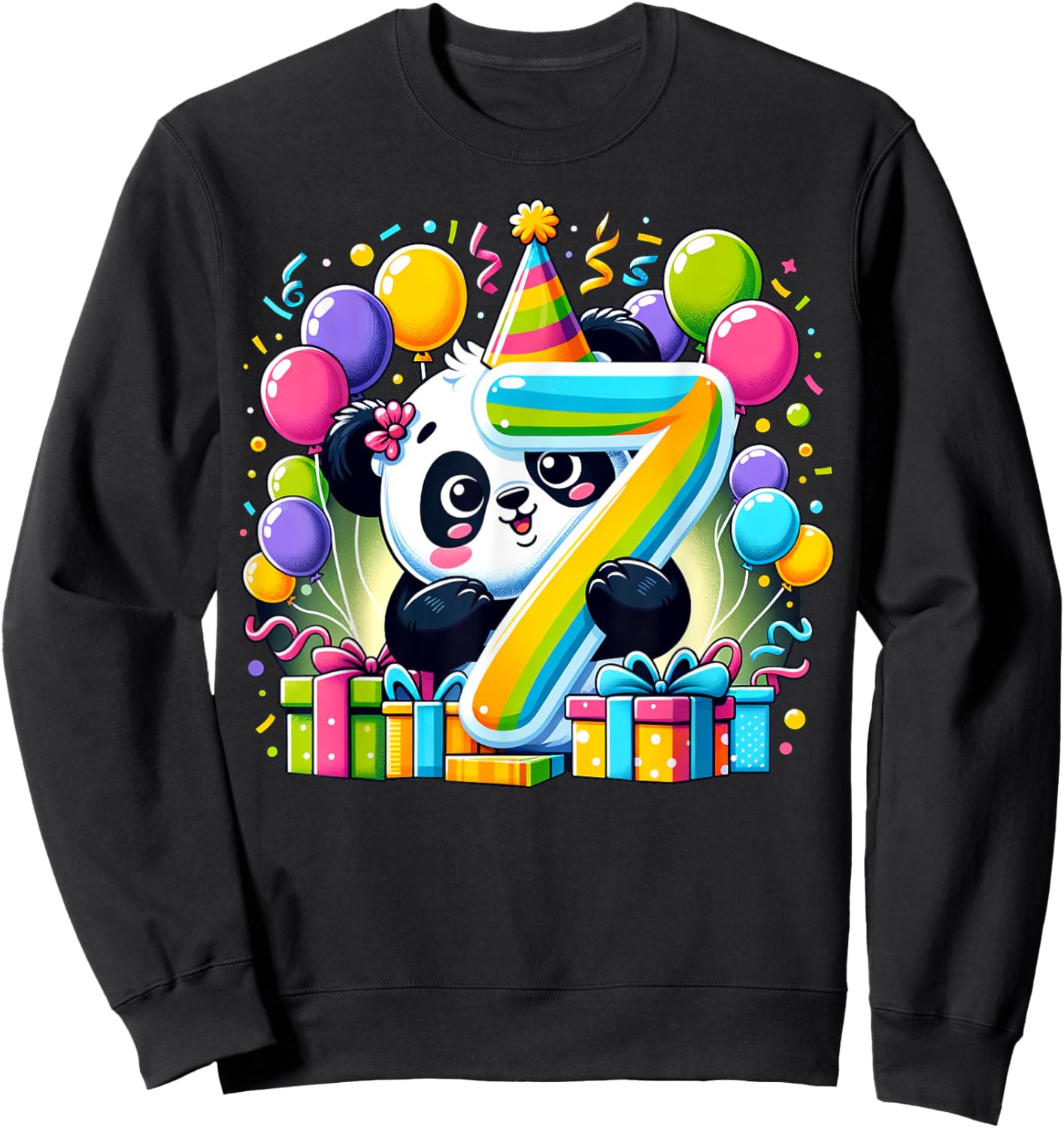 Kids Panda Theme seventh Bday Party 7th Panda Birthday Sweatshirt - Sweatshirt | Black