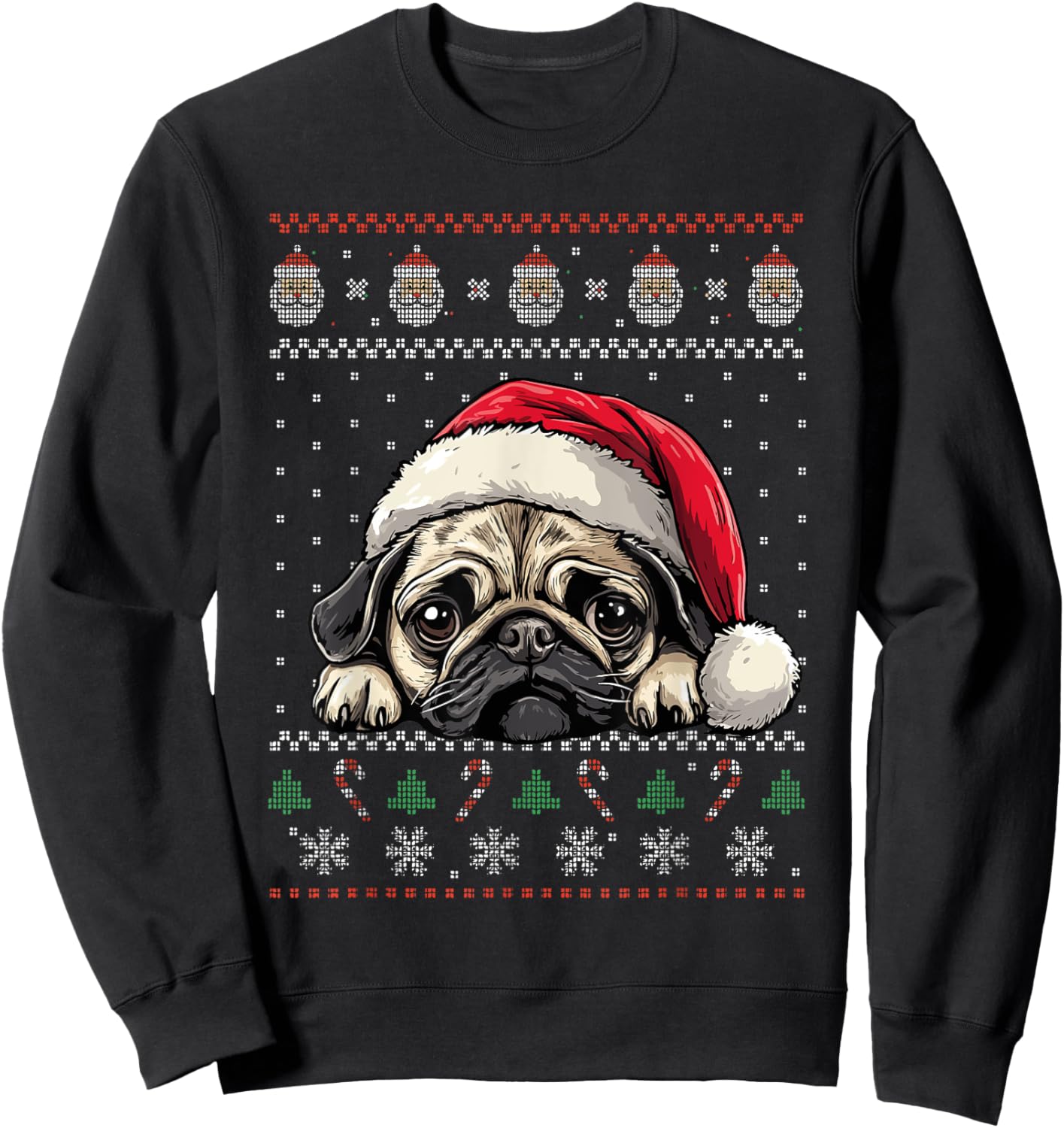 Ugly Christmas Sweater Pug Santa Hat Dog Lover Art Sweatshirt - Sweatshirt | Black