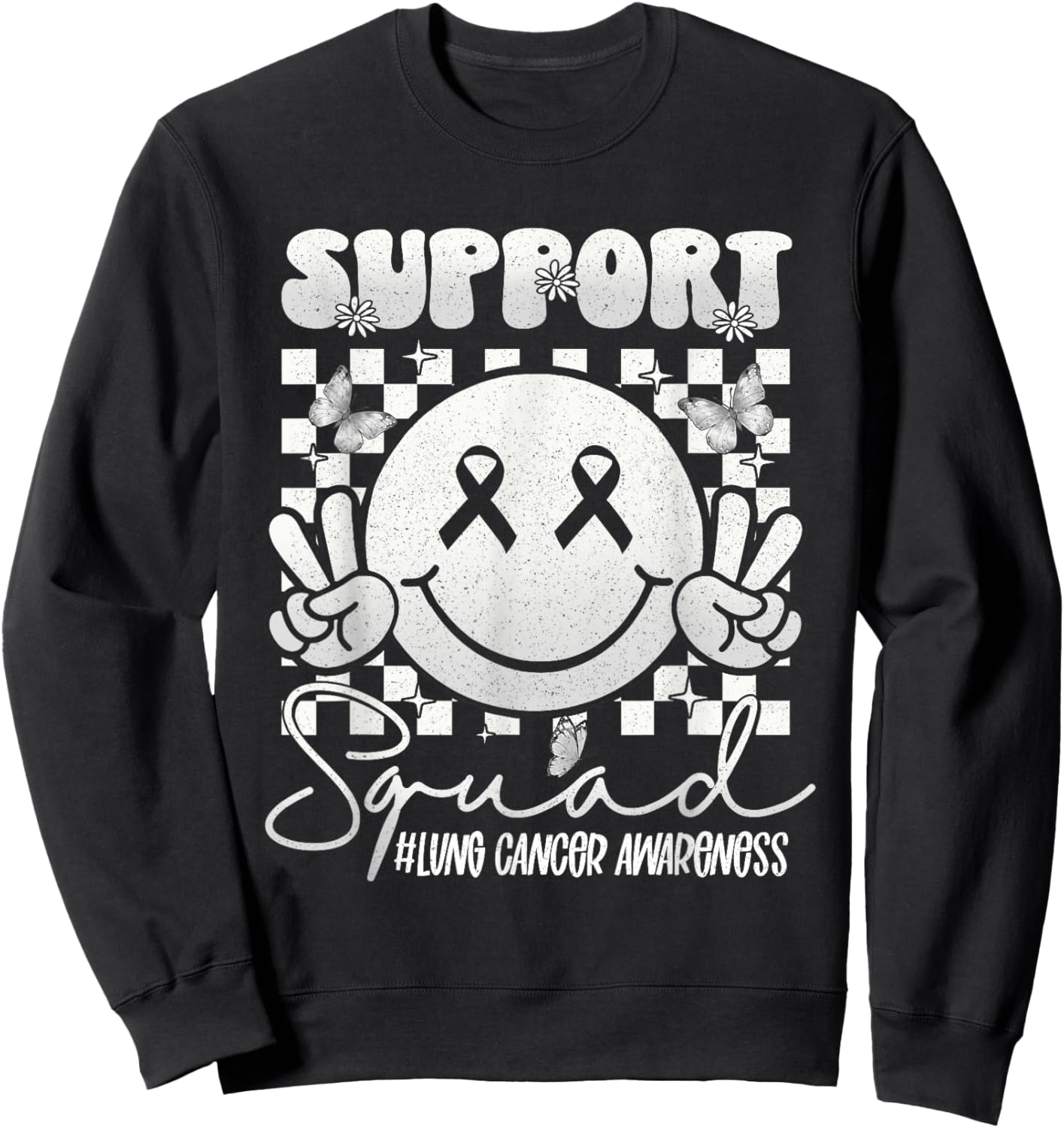 Lung Cancer Awareness Smile Face Support White Ribbon Sweatshirt - Sweatshirt | Black