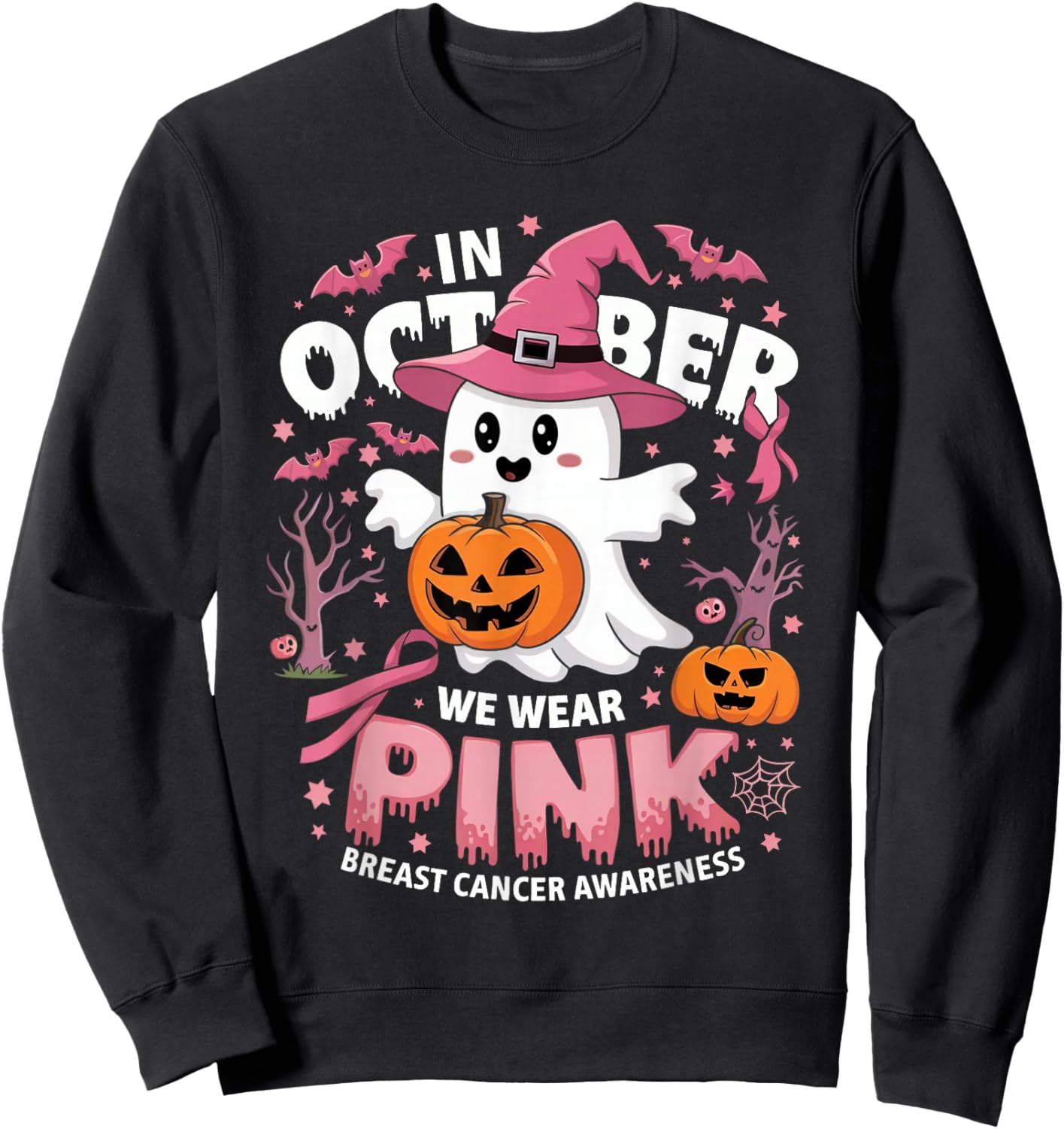 In October We Wear Pink Halloween Breast Cancer Sweatshirt - Sweatshirt | Black