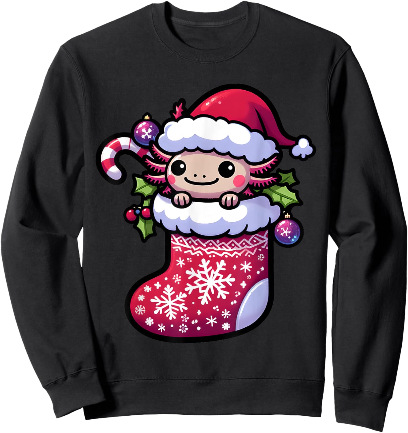 Cute Christmas Candy Cane Santa Axolotl in Xmas Stocking Sweatshirt - Sweatshirt | Black