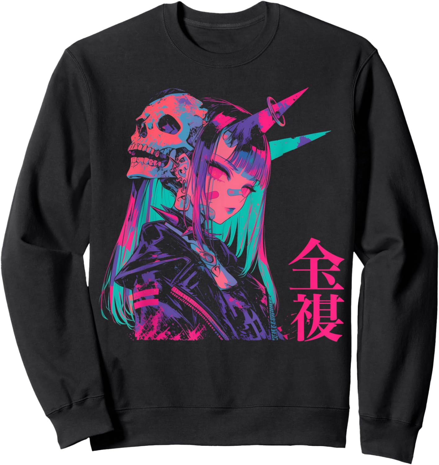 Goth Grunge Demon Anime Girl Waifu Horror Alt Aesthetic Sweatshirt - Sweatshirt | Black