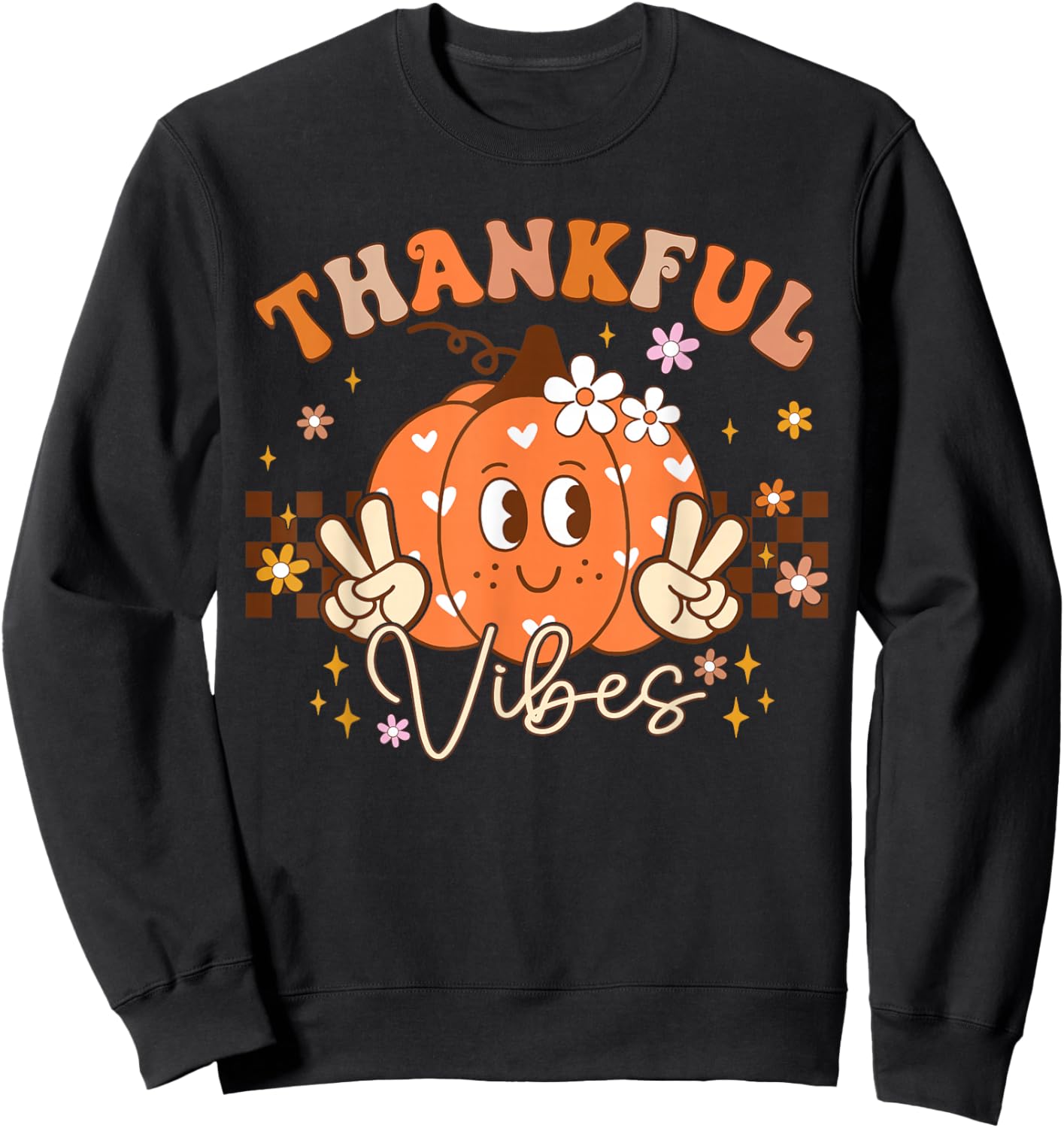 Retro Groovy Fall Pumpkin Peace Thanksgiving Women Girls Sweatshirt - Sweatshirt | Black