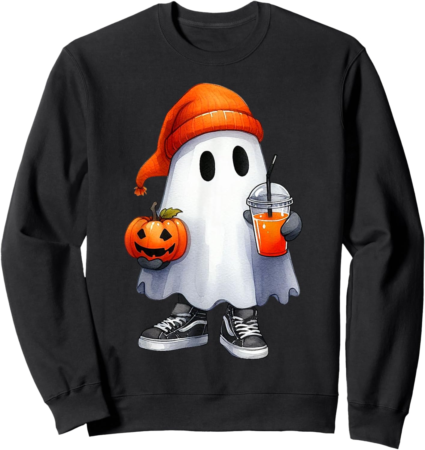 Cute Halloween Ghost Drink Pumpkin Halloween Boo Girl Women Sweatshirt - Sweatshirt | Black