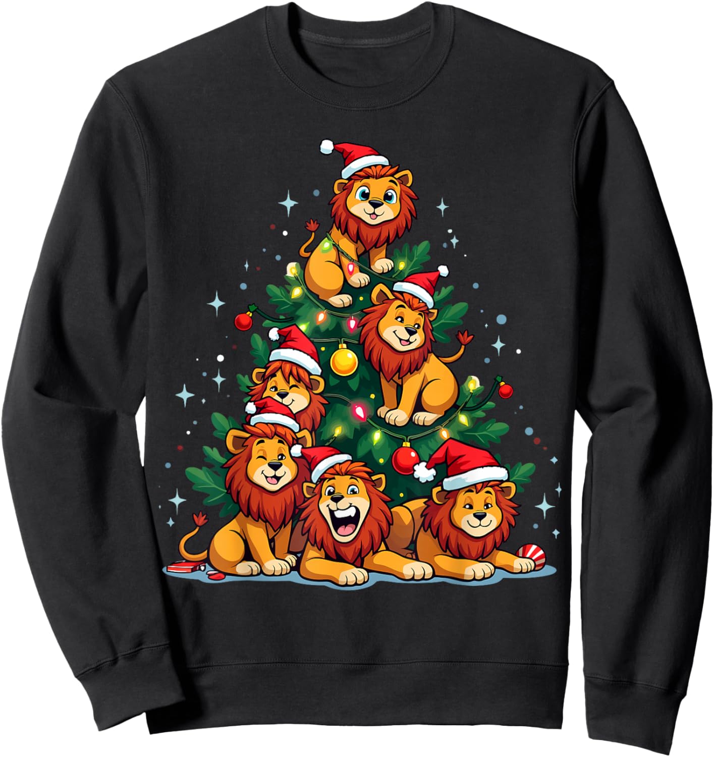 Lion Christmas Tree Funny Holiday Cute Lion Sweatshirt - Sweatshirt | Black