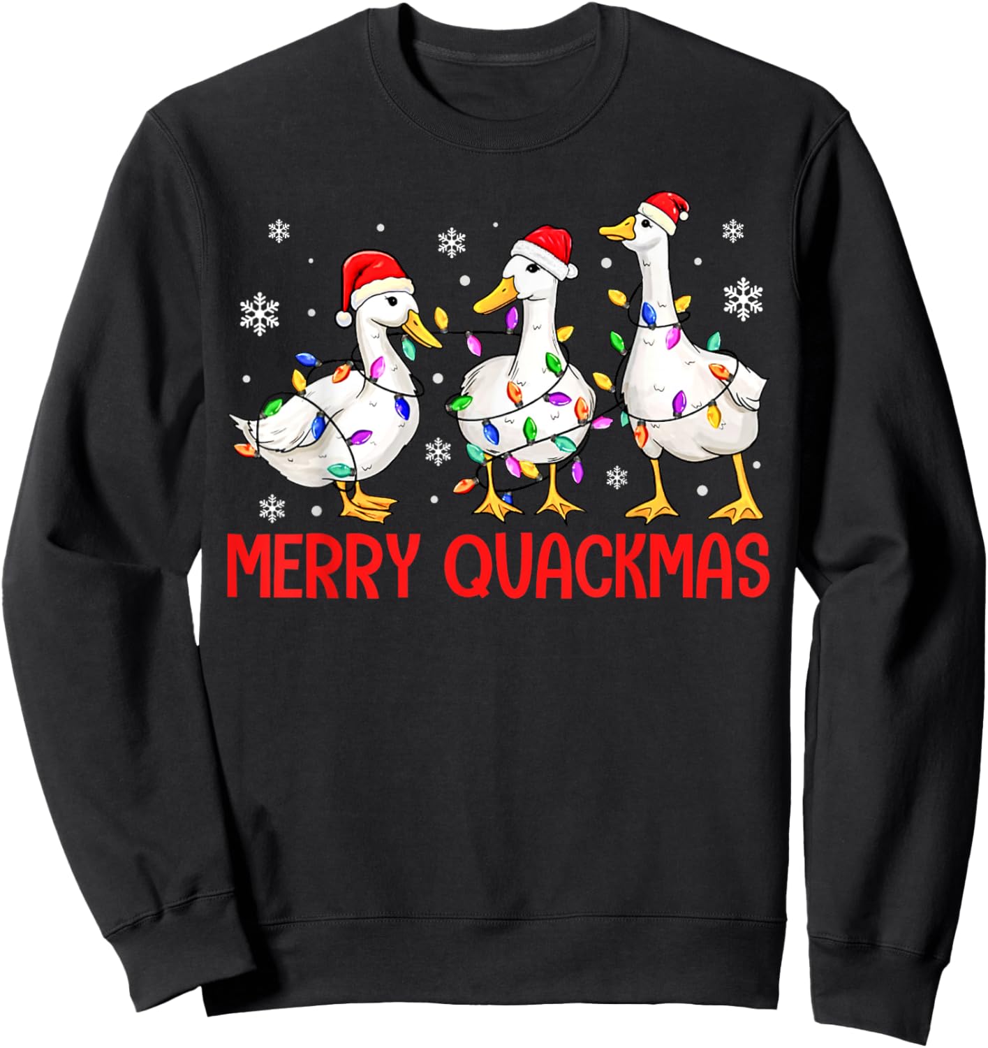 Funny Merry Quackmas Duck Santa Hat Christmas Lights Duck Sweatshirt - Sweatshirt | Black