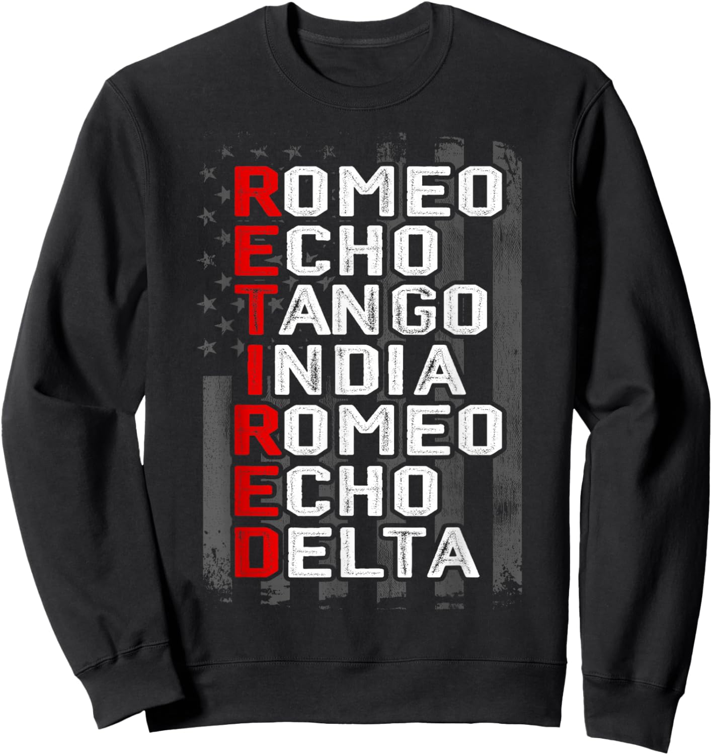 Phonetic Alphabet Retired Veteran American Flag Military Sweatshirt - Sweatshirt | Black