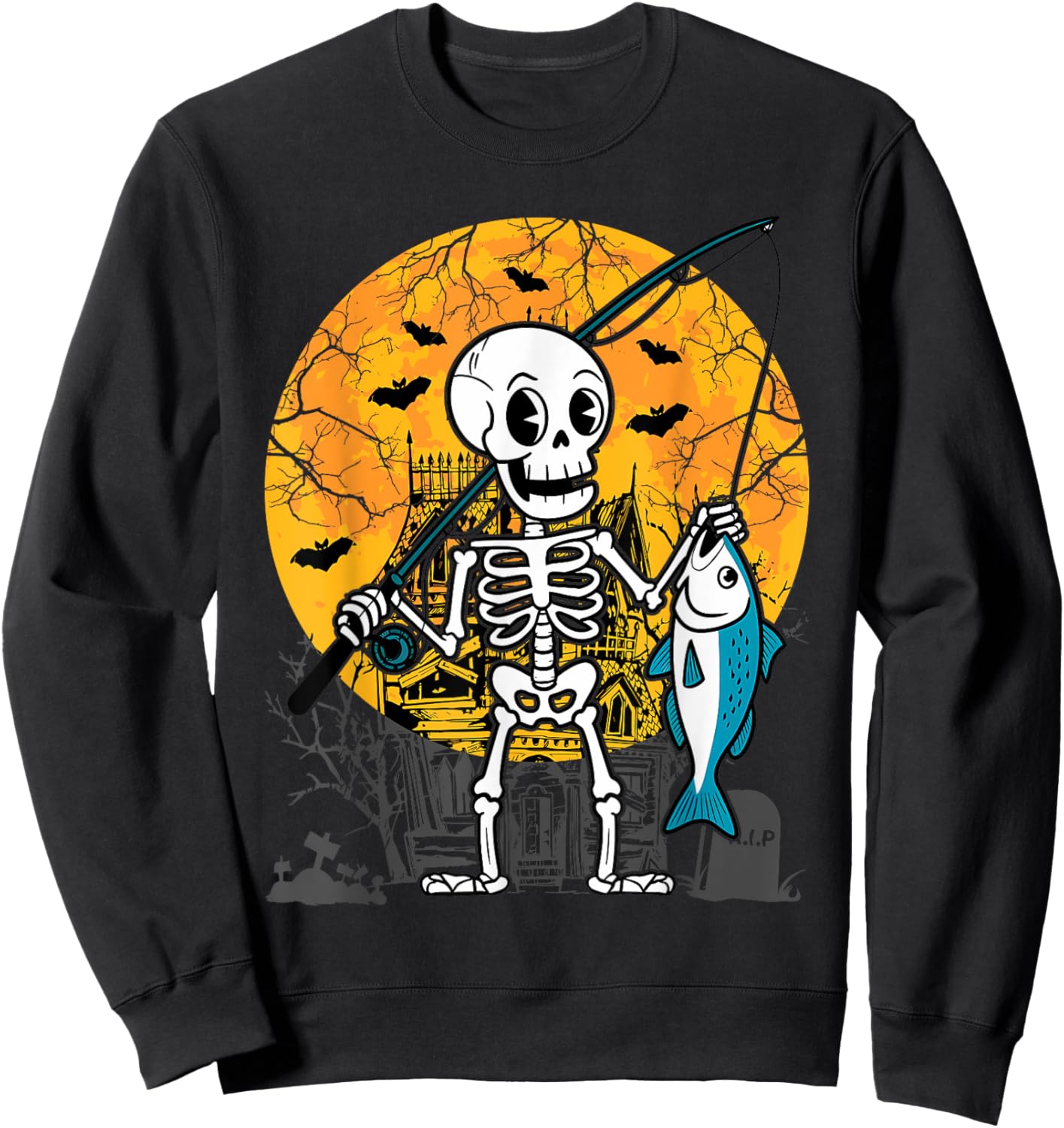 Halloween Skeleton Fishing Costume Fisherman Men Boys Kids Sweatshirt - Sweatshirt | Black