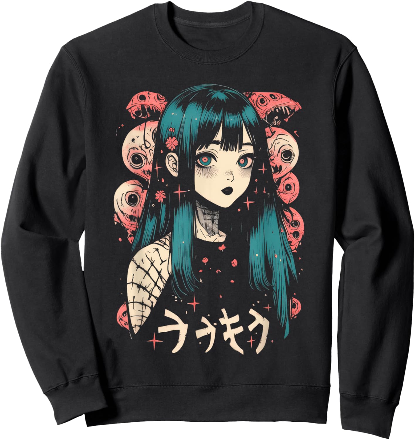 Goth Grunge Demon Anime Girl Waifu Horror Alt Aesthetic Sweatshirt - Sweatshirt | Black