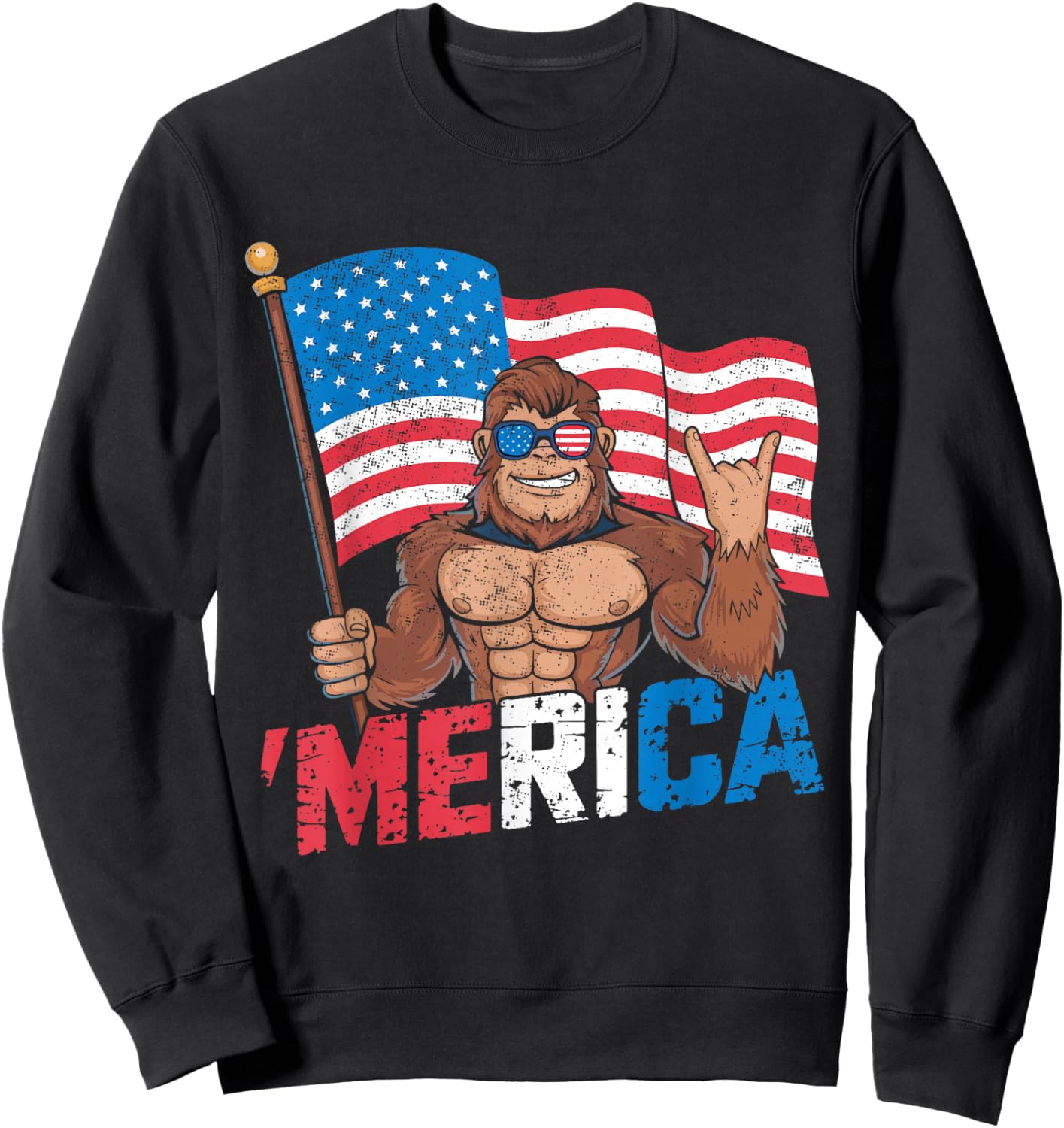Bigfoot Merica Rock American Flag Patriotic 4th Of July Sweatshirt - Sweatshirt | Black