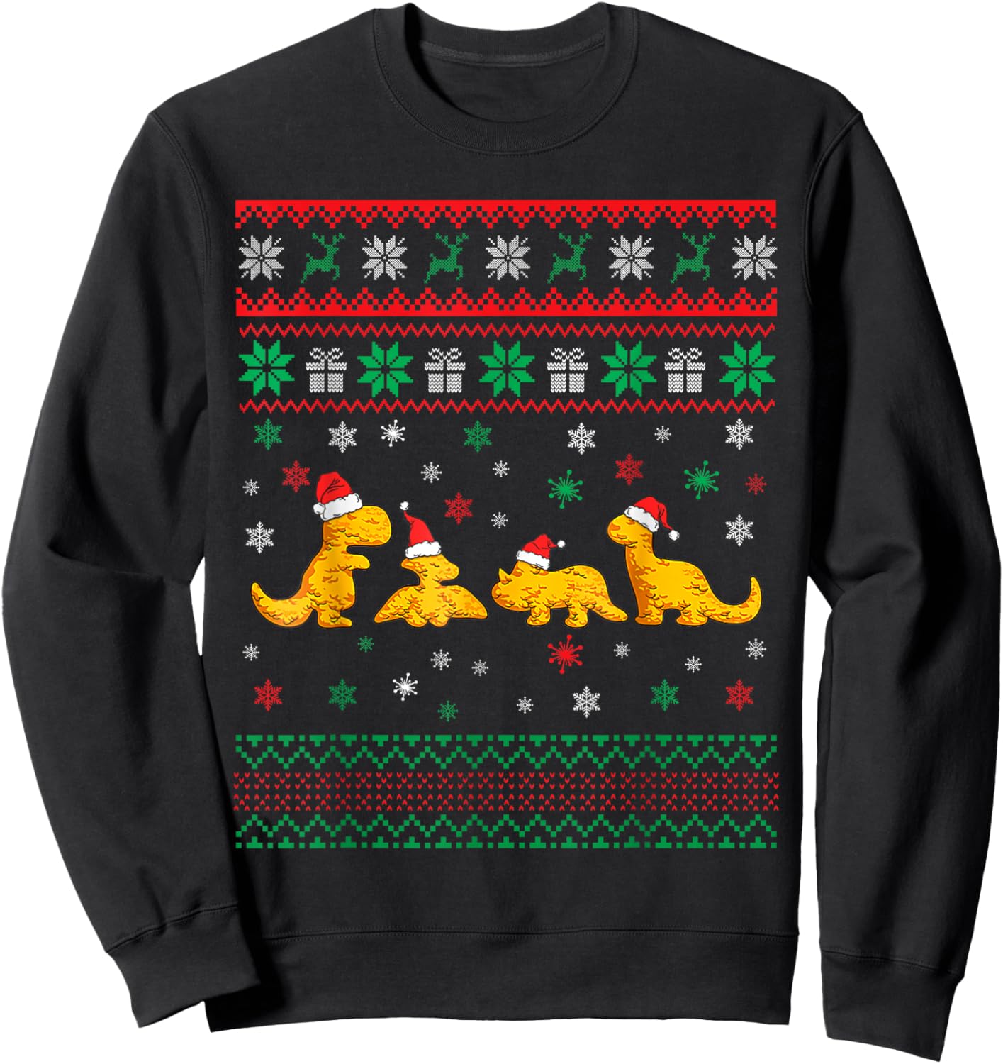 Dinosaur Dino Chicken Nuggets Ugly Christmas Pajama Xmas Sweatshirt - Sweatshirt | Black