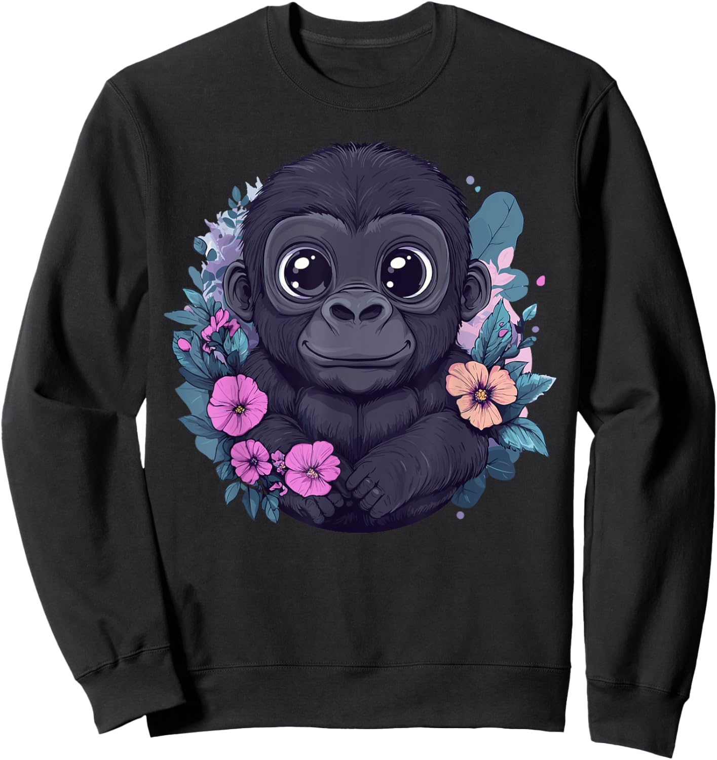 Adorable Baby Gorilla Surrounded By Flowers Sweatshirt - Sweatshirt | Black
