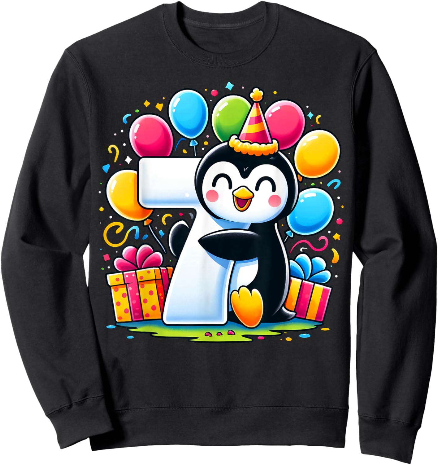 Kids Penguin Theme seventh Bday Party 7th Penguin Birthday Sweatshirt - Sweatshirt | Black