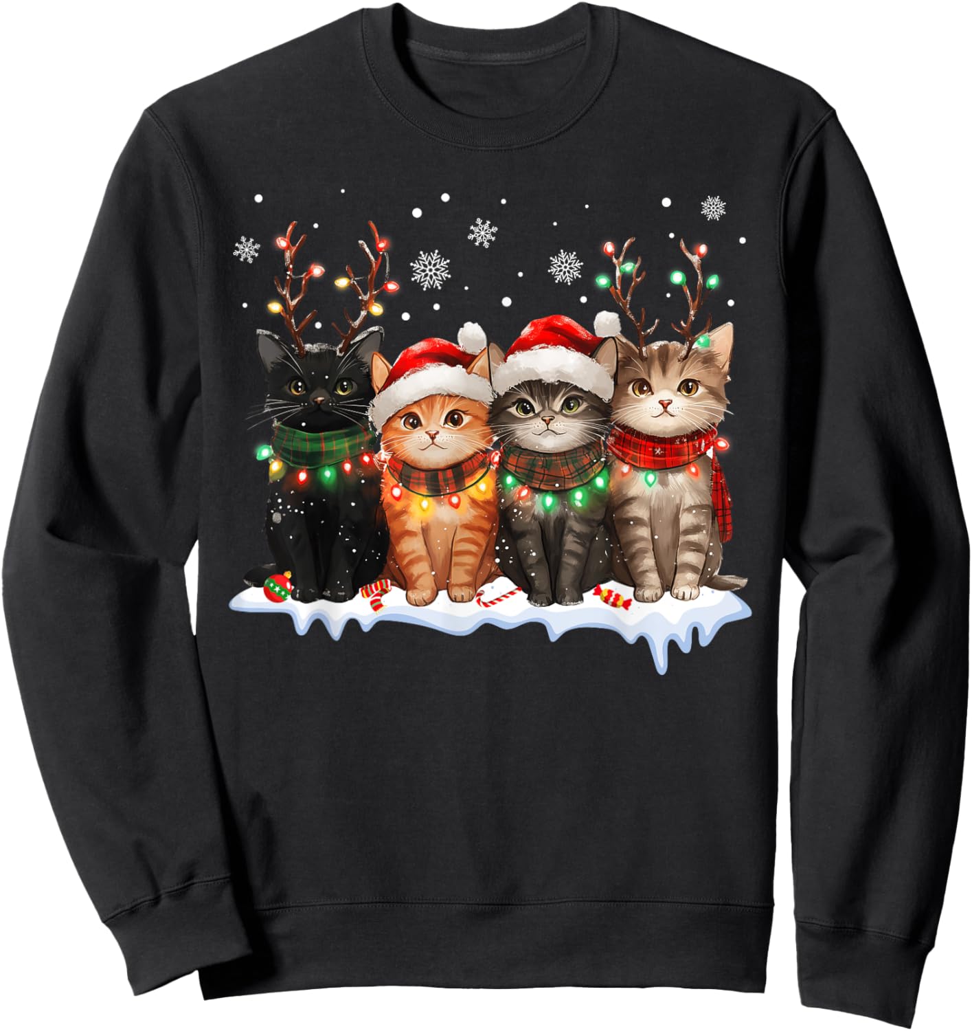 Cat Christmas Light Reindeer Santa Christmas Cat Lover Women Kids Sweatshirt - Sweatshirt | Black