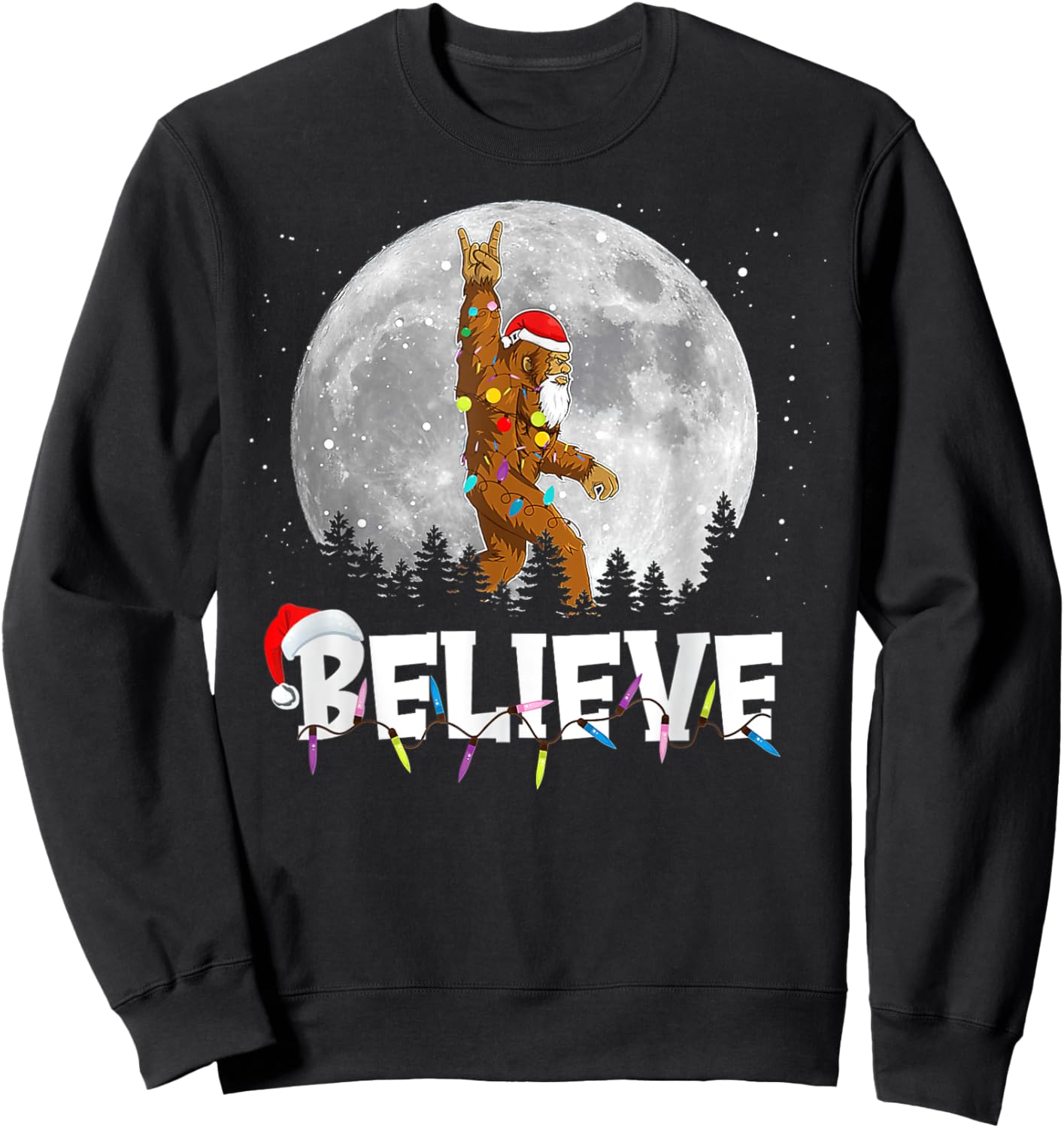 Santa Bigfoot Christmas Light Funny Sasquatch Believe Xmas Sweatshirt - Sweatshirt | Black