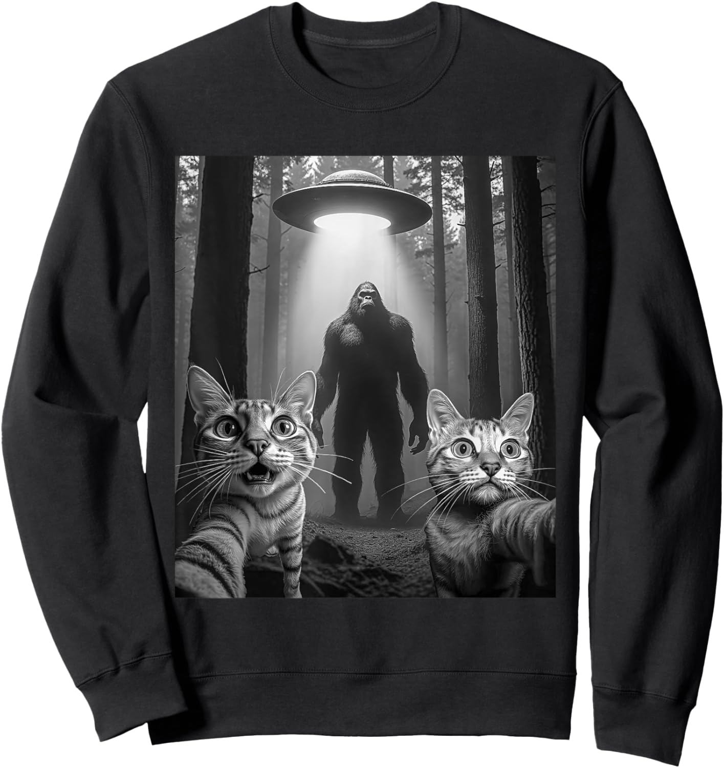 Funny Surprised Cat Selfie With Bigfoot Sasquatch Alien UFO Sweatshirt - Sweatshirt | Black