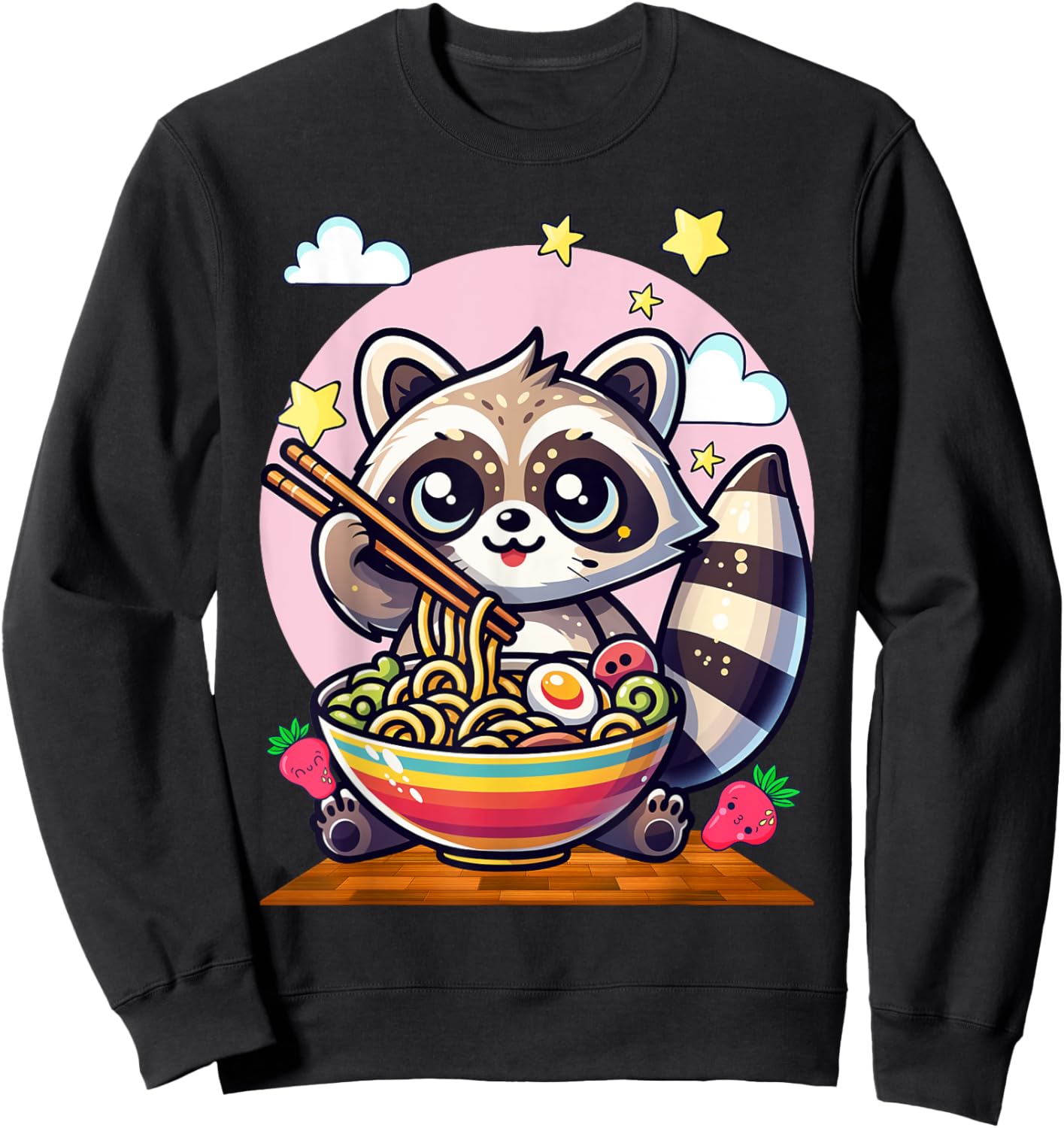 Raccoon Noodles Lover Gift Co. -Adults & Kids Raccoon Eating Japanese Noodles Kawaii Ramen Bowl - Black, Small, Short Sleeve Sweatshirt - Sweatshirt | Black