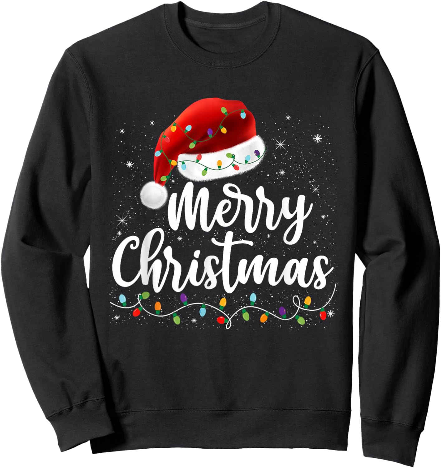 Merry Christmas Lights Red Santa Hat Xmas Family Men Women Sweatshirt - Sweatshirt | Black
