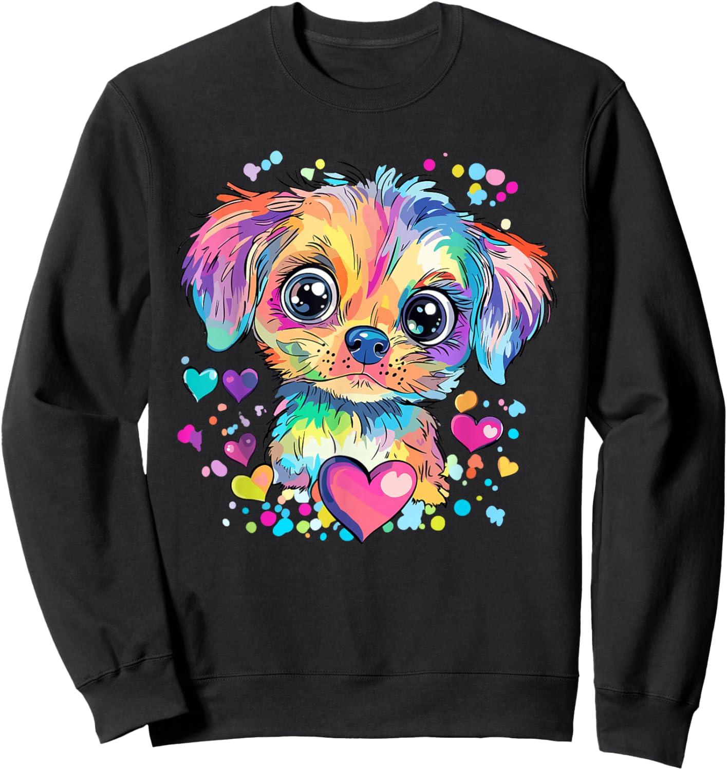 Rainbow Puppy with Hearts Sweatshirt - Sweatshirt | Black