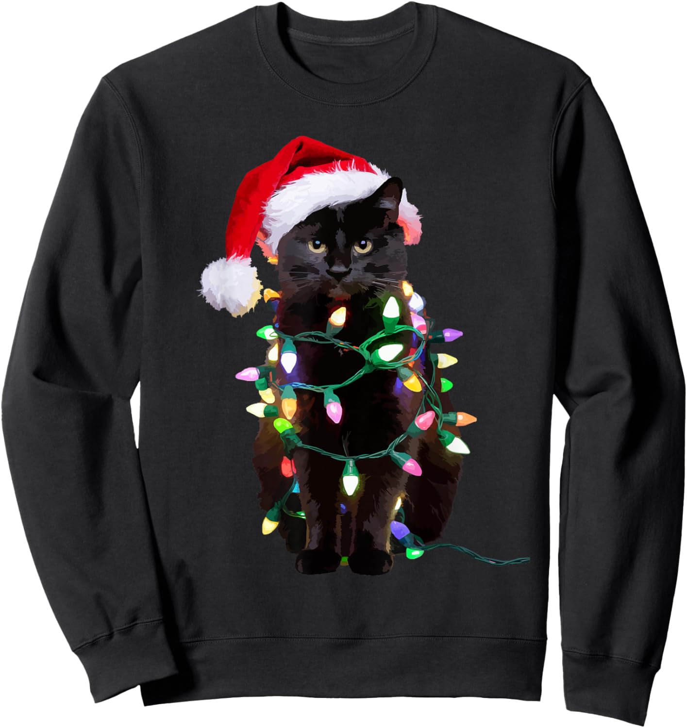 Black Cat Christmas Tree Lights Funny Santa Kitten Led Light Sweatshirt - Sweatshirt | Black
