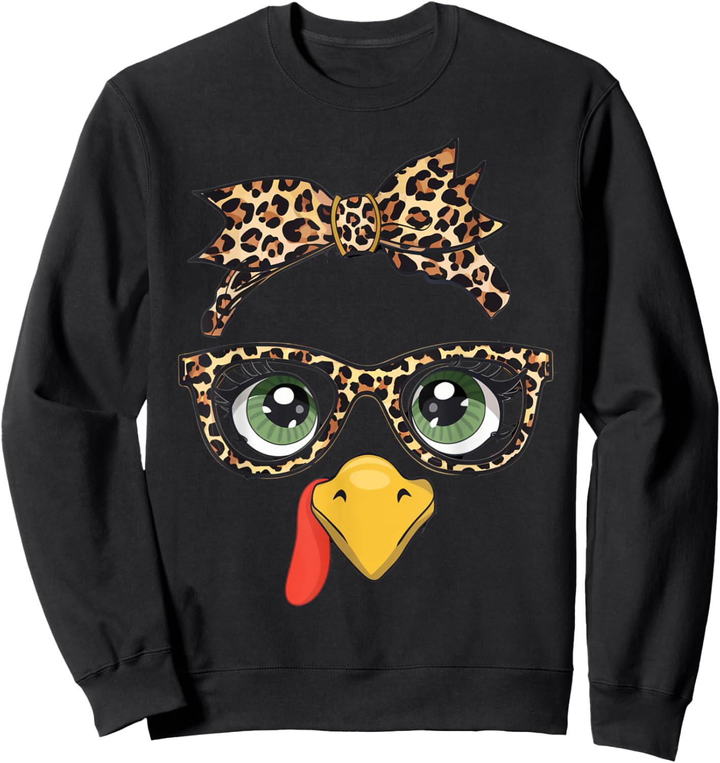 Leopard Print Thanksgiving Turkey Face Glasses Women Girls Sweatshirt - Sweatshirt | Black