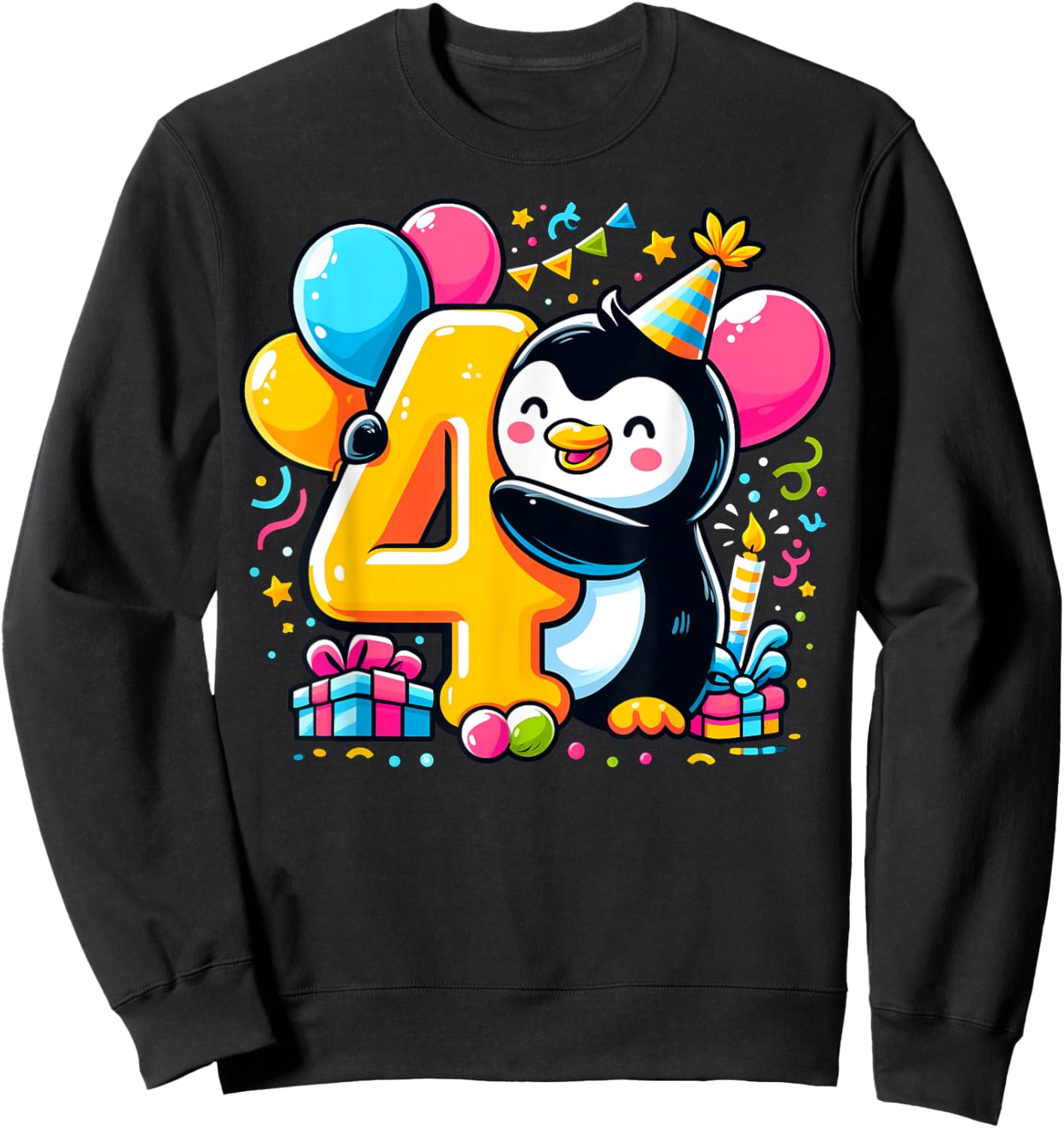 Kids Penguin Theme fourth Bday Party 4th Penguin Birthday Sweatshirt - Sweatshirt | Black