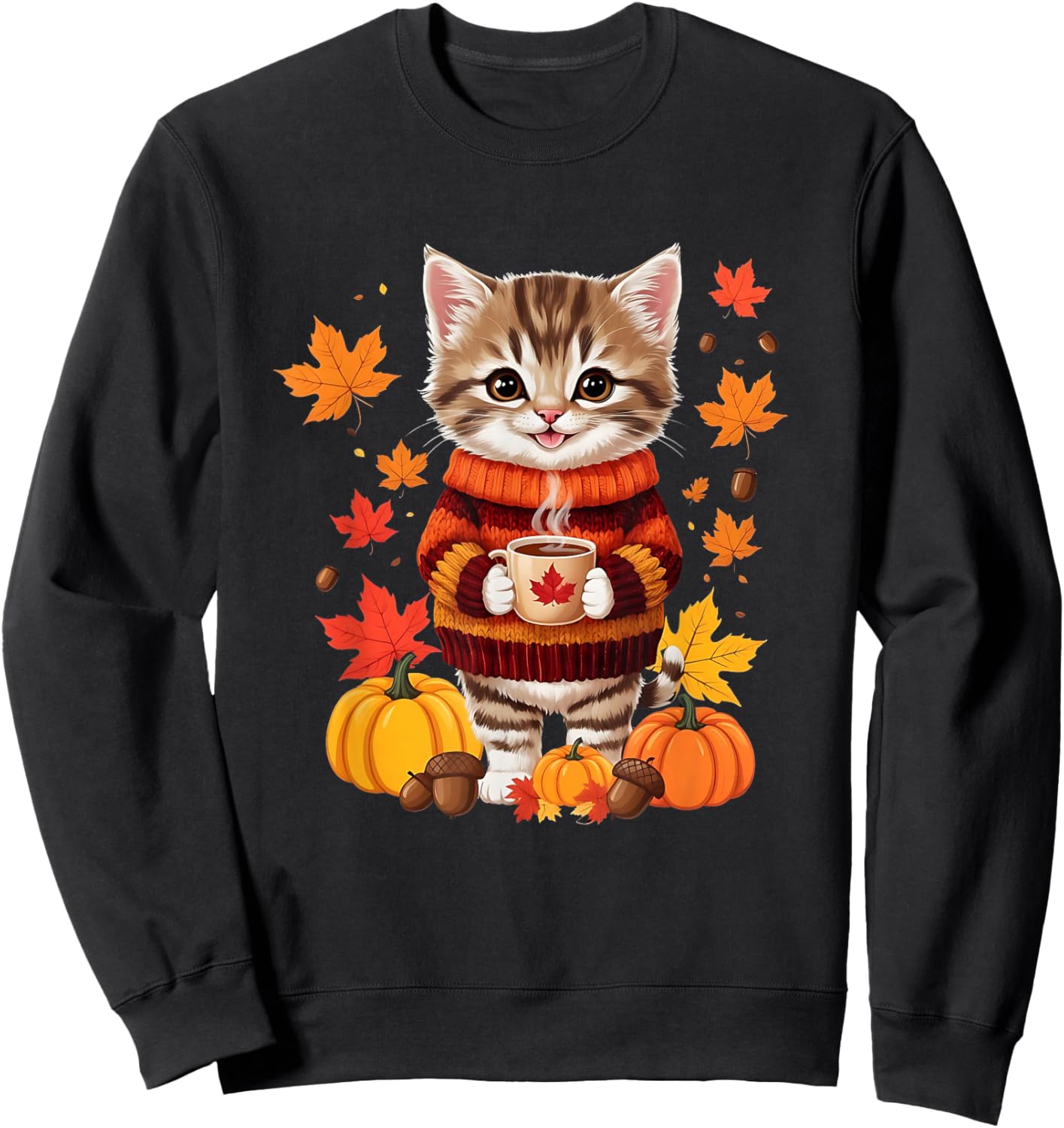 Cute Kitten with Jumper Funny Autumn Graphic Sweatshirt - Sweatshirt | Black
