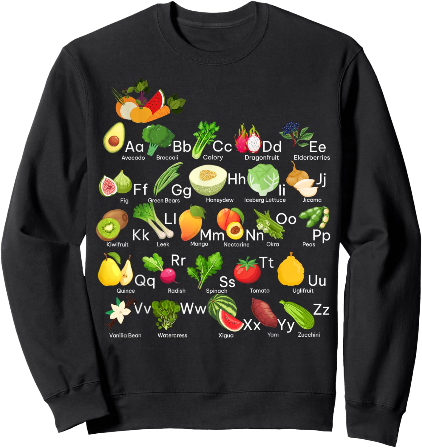 Vegetable Alphabet Abc's Fruit Veggie Vegan Gardening Sweatshirt - Sweatshirt | Black