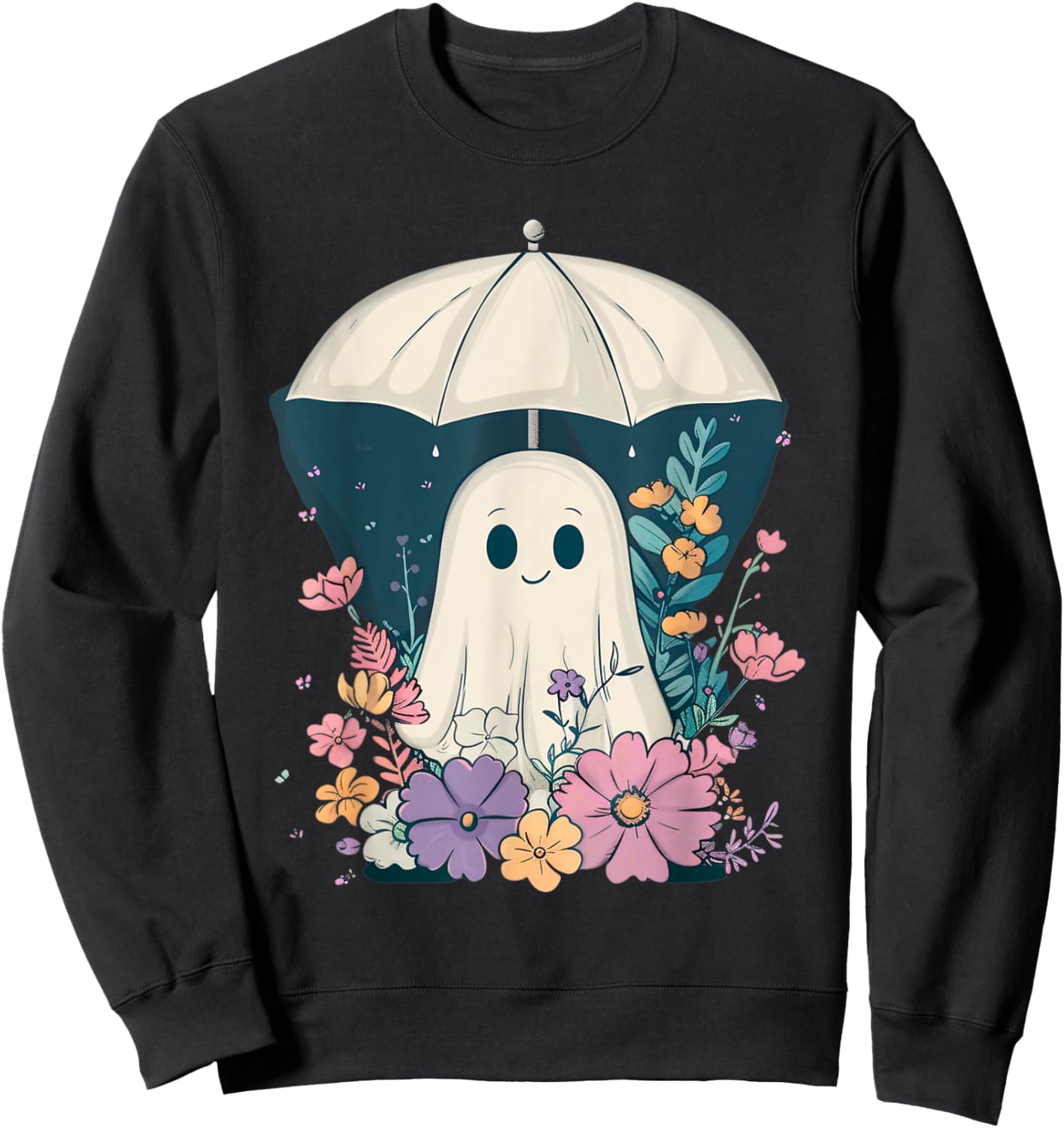 Cute Boho Ghost Under Umbrella Halloween Party Ghost Costume Sweatshirt - Sweatshirt | Black