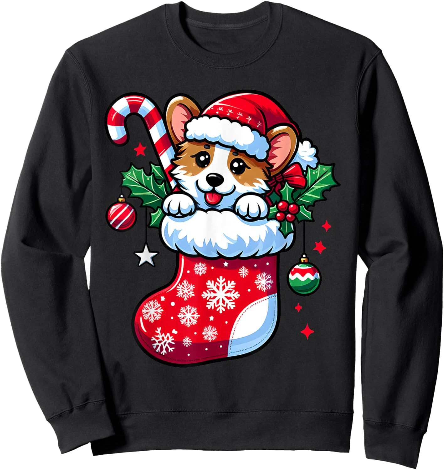 Cute Christmas Candy Cane Santa Corgi Dog in Xmas Stocking Sweatshirt - Sweatshirt | Black
