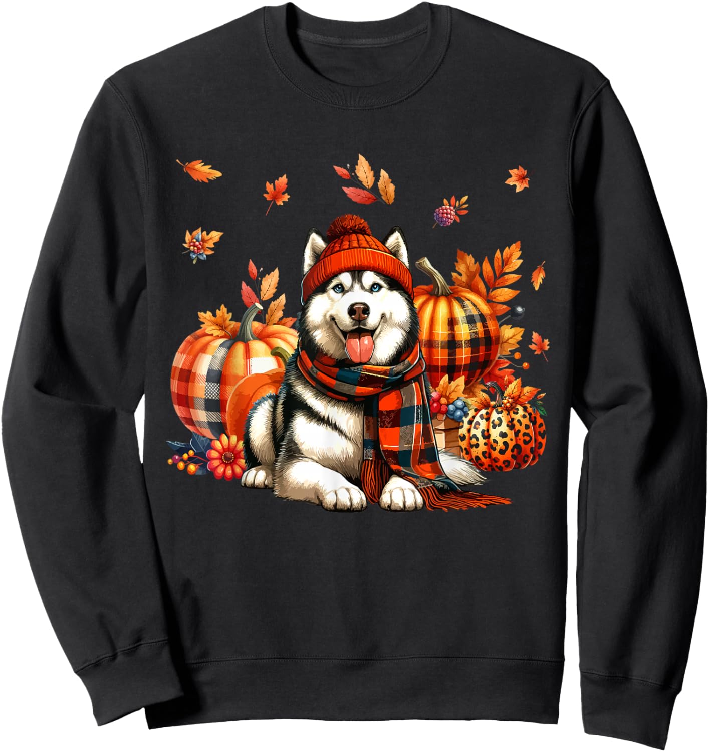 Husky Thanksgiving Leopard Pumpkins Fall Leaves Lover Sweatshirt - Sweatshirt | Black