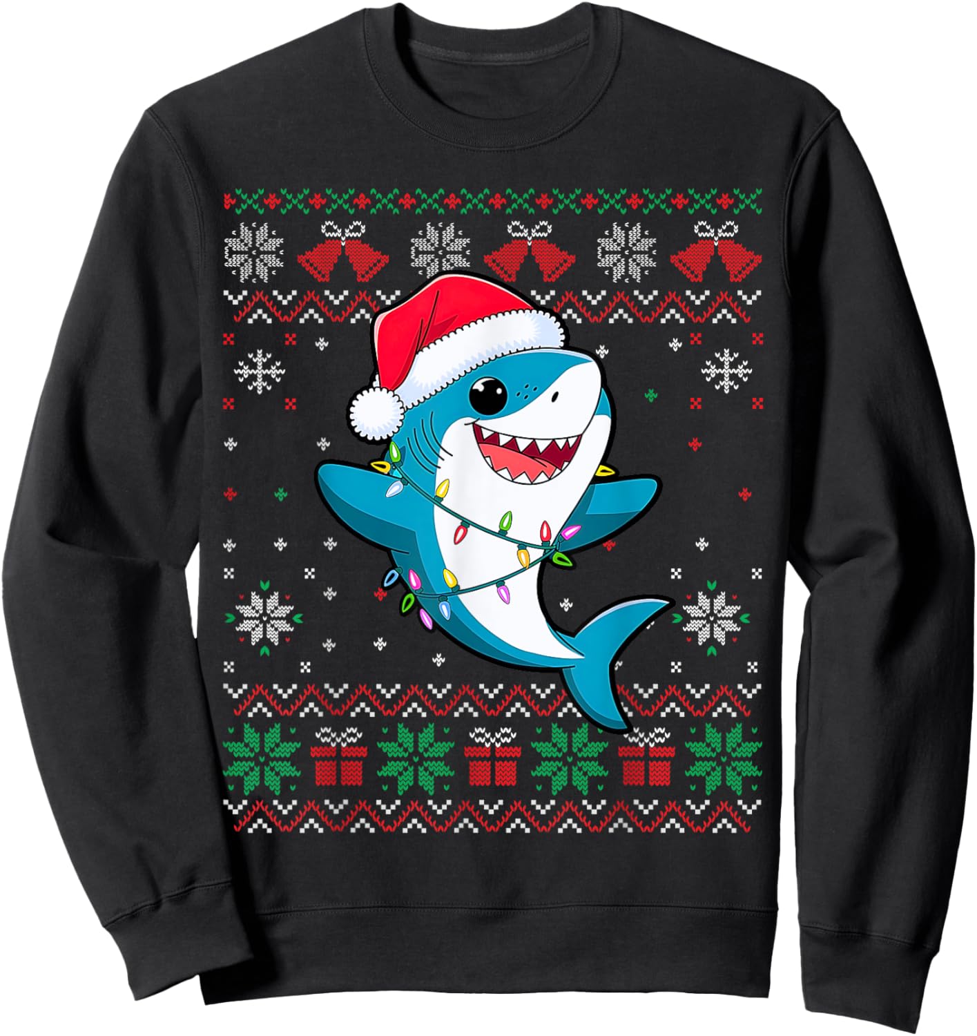 Funny Ugly Christmas Tree Shark Santa Hat Lights Xmas Sweatshirt - Sweatshirt | Black