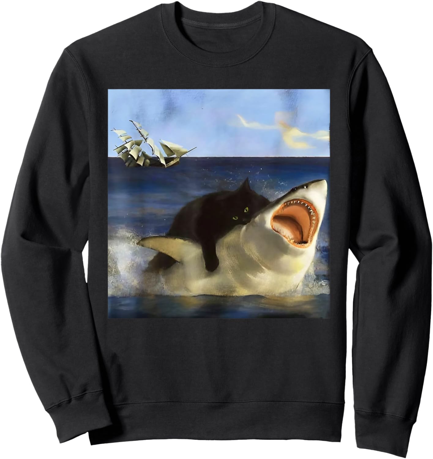 Graphic Cute Kitten Funny Animal Vintage Art Cat Meme Shark Women Girls Kids Sweatshirt - Sweatshirt | Black