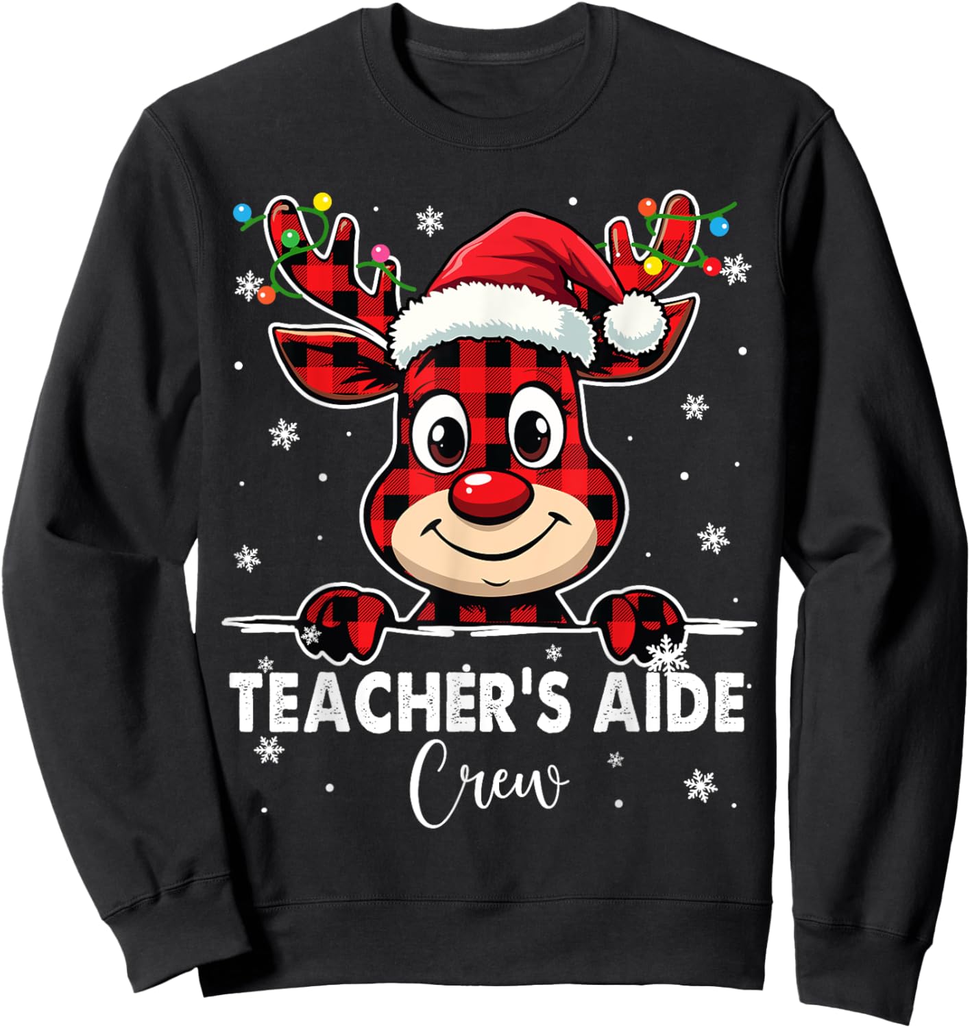 Funny Red Plaid Reindeer Teacher's Aide Crew Merry Christmas Sweatshirt - Sweatshirt | Black