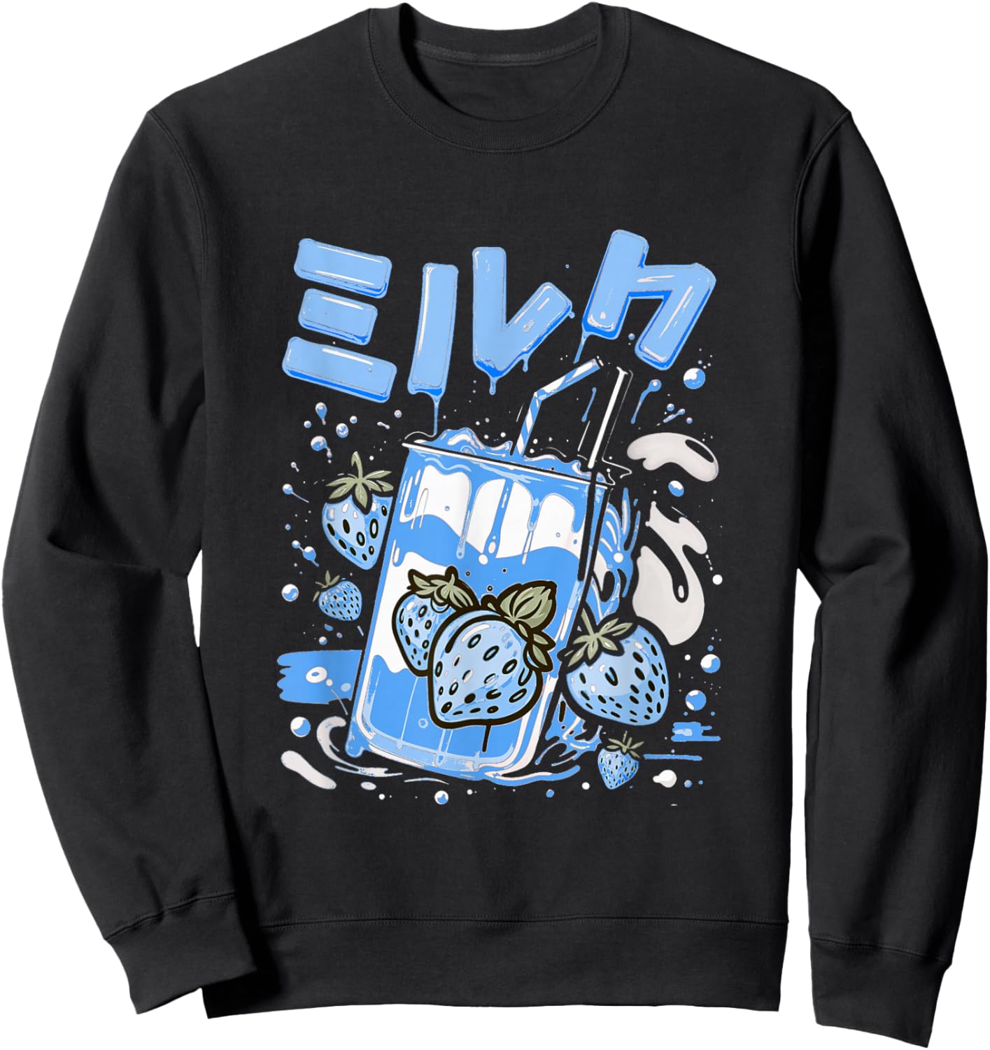 Blue Strawberry Milk Blue Color Graphic Sweatshirt - Sweatshirt | Black