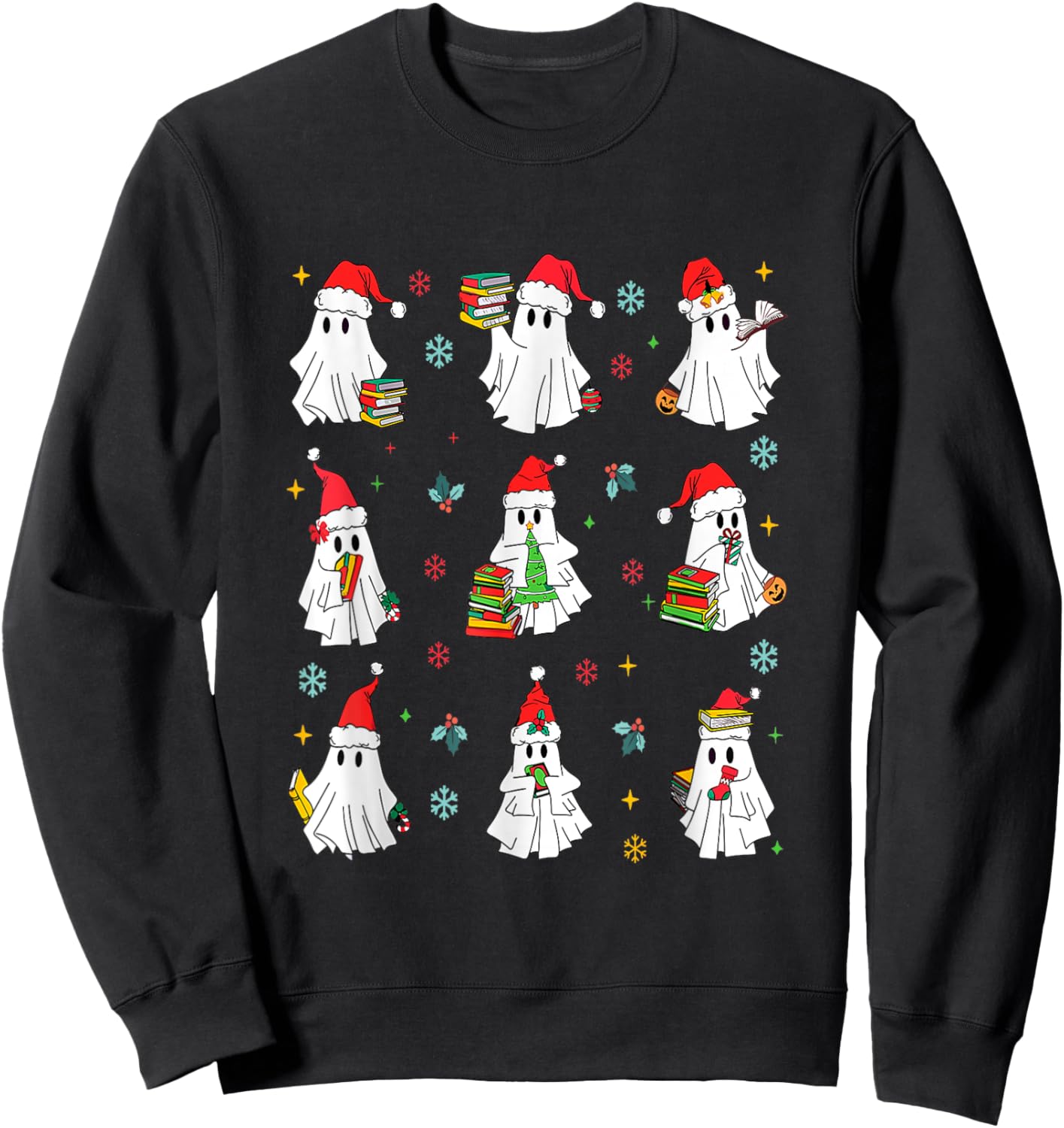 Ghosts Wearing Santa Hats Reading Books Christmas Book Lover Sweatshirt - Sweatshirt | Black