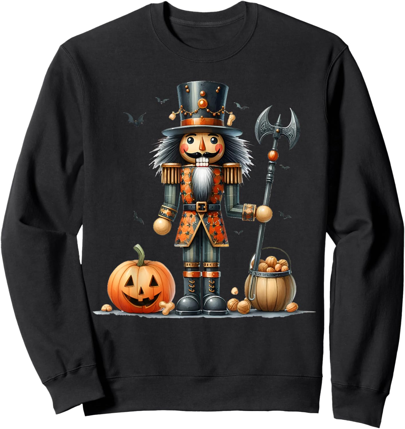Retro Funny Nutcracker And Pumkins Hallothanksmas Halloween Sweatshirt - Sweatshirt | Black