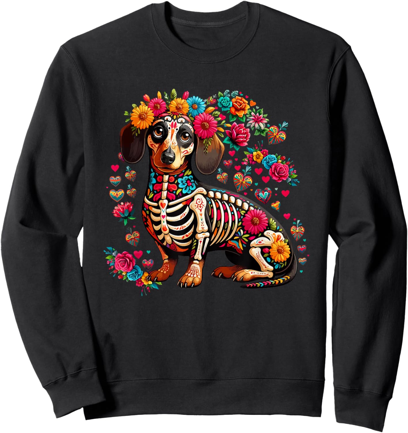 Dachshund Floral Skeleton Dia De Los Muertos Mexican Lover Sweatshirt - Sweatshirt | Black