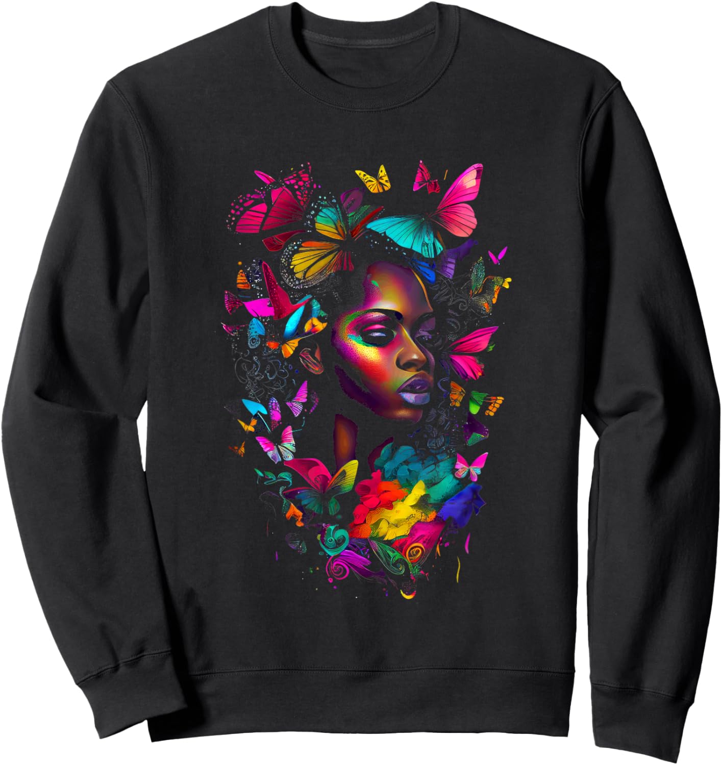 Black Woman Flowers Butterflies African American Art Sweatshirt - Sweatshirt | Black