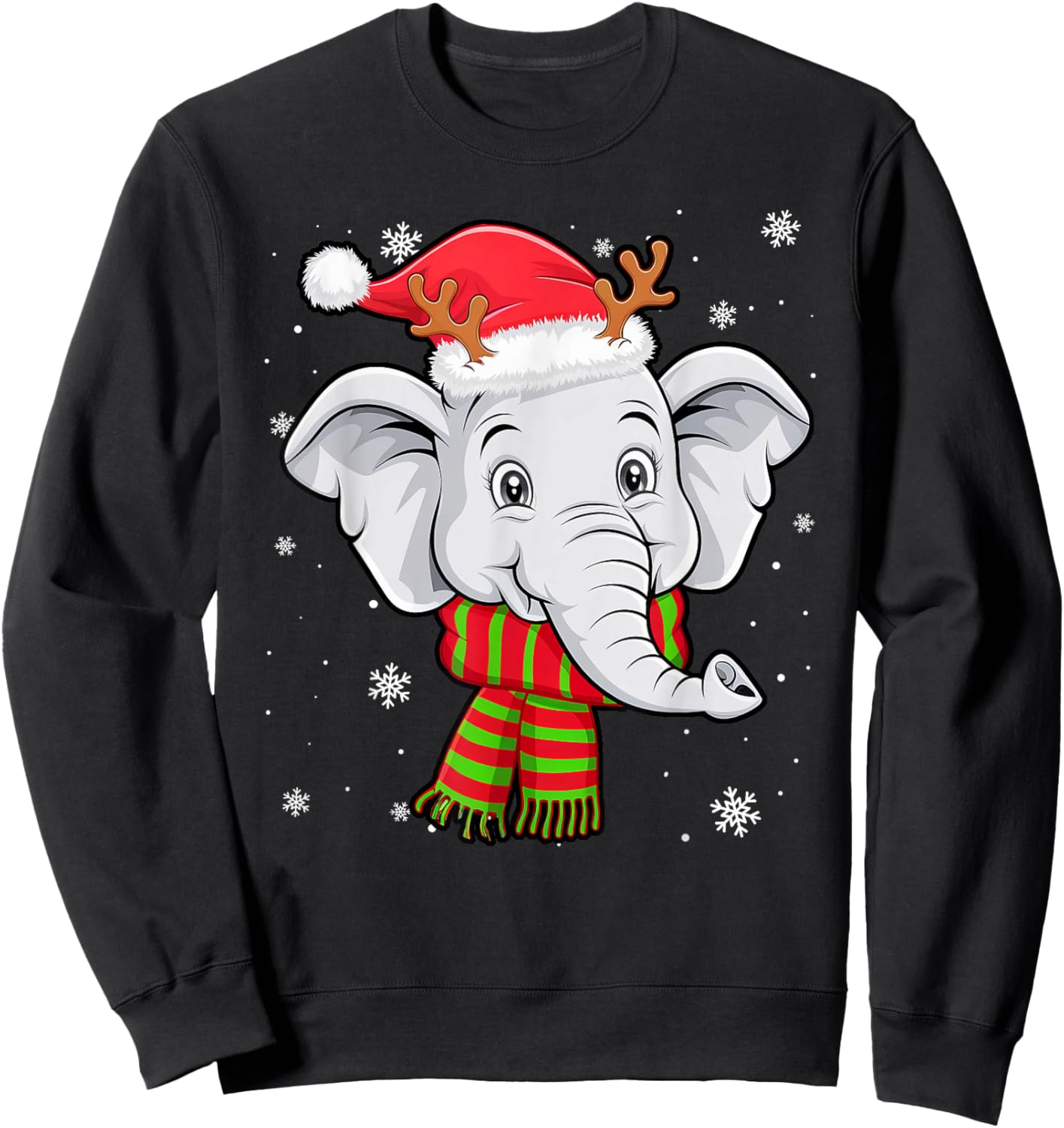 Christmas Elephant Funny Elephant With Santan Hat Reindeer Sweatshirt - Sweatshirt | Black
